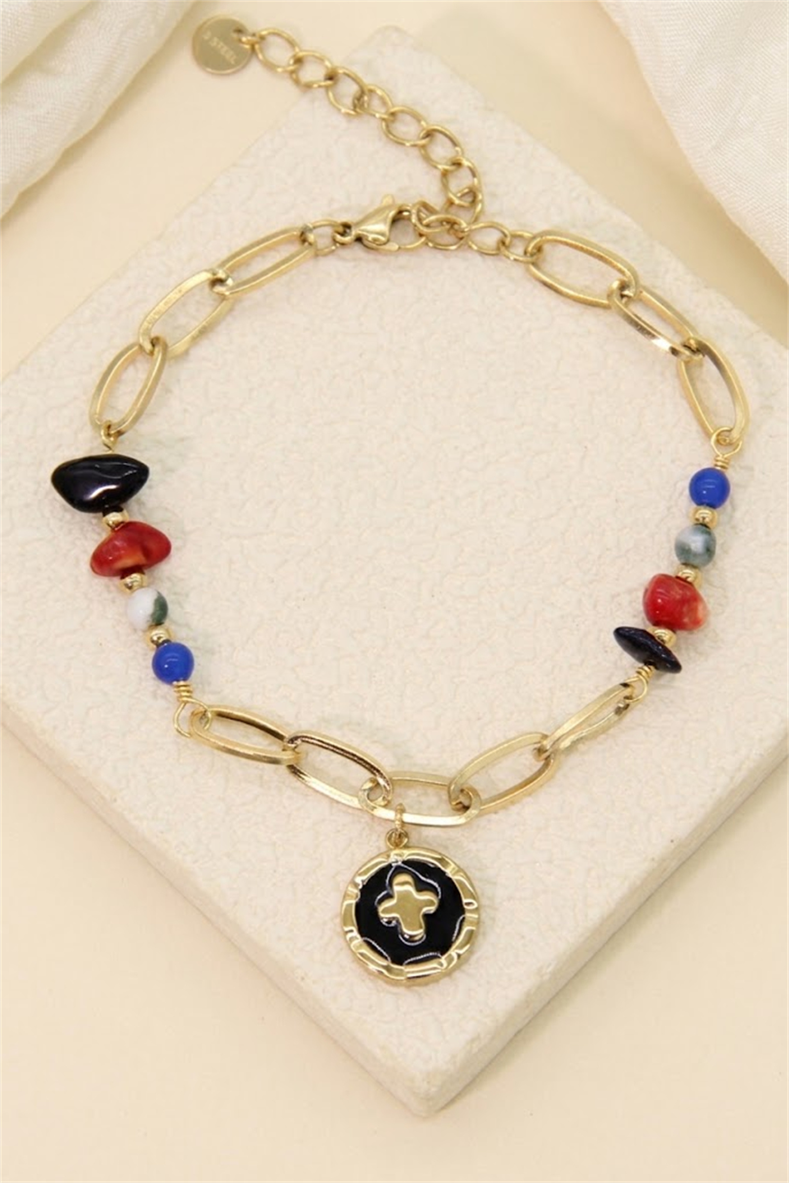 Wholesaler Bellissima - Link and bead bracelet with medallion in stainless steel