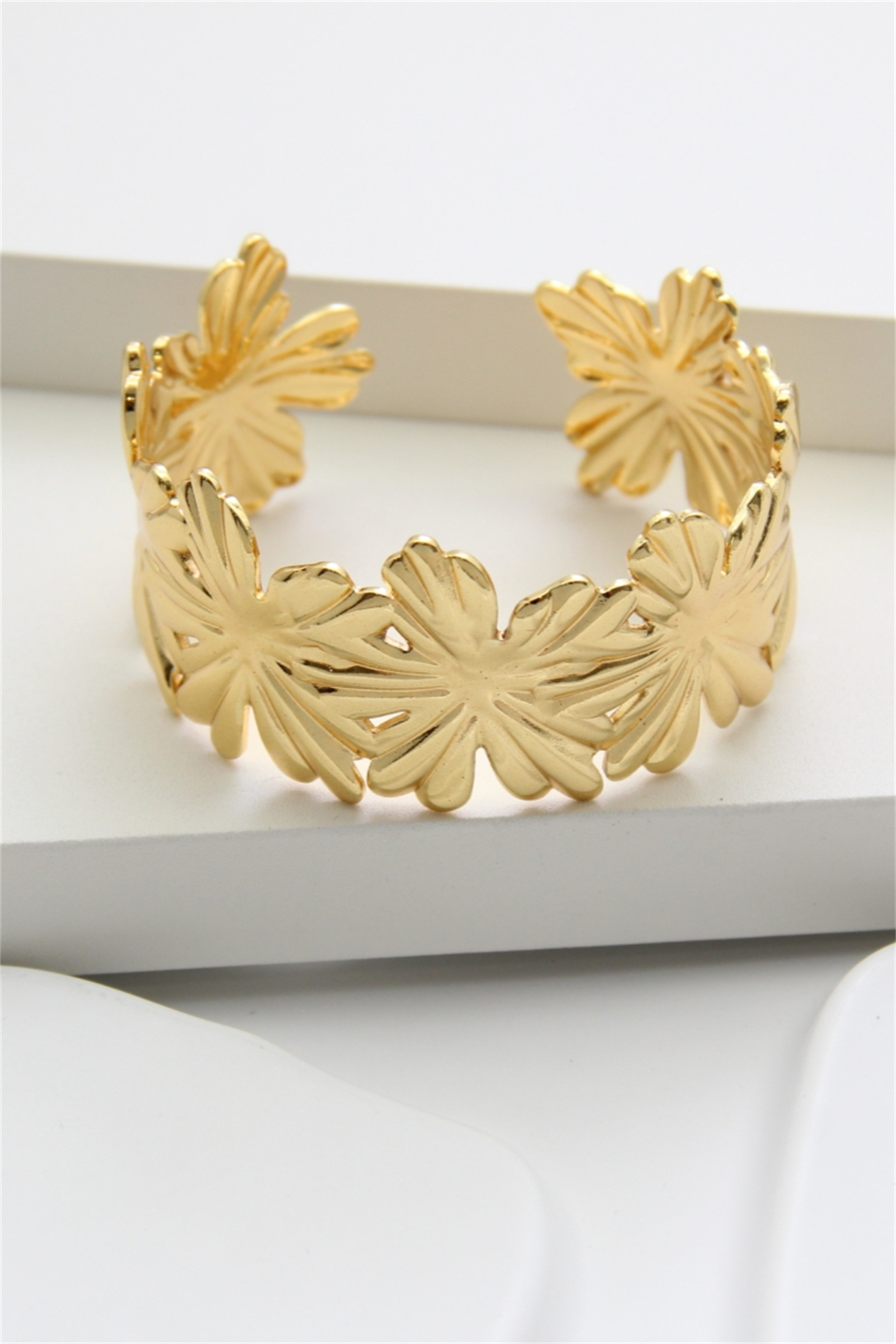 Bracelet Jonc Épais En Acier Inoxydable Doré - Motif Fleurs - Femme - Neuf Sans Boîte