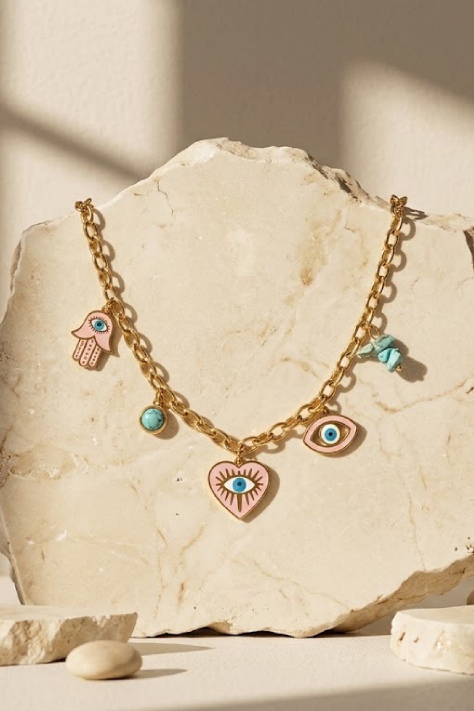 Grossista Bellissima - Collana con Ciondoli Occhio & Cuore – Acciaio Inossidabile Dorato