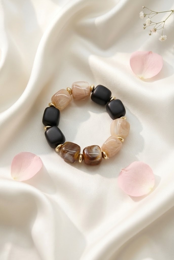 Grossiste Bellissima - Bracelet Élastique Perles Résine & Acier Inoxydable Doré | Tons Marron Noir Beige Style Boho