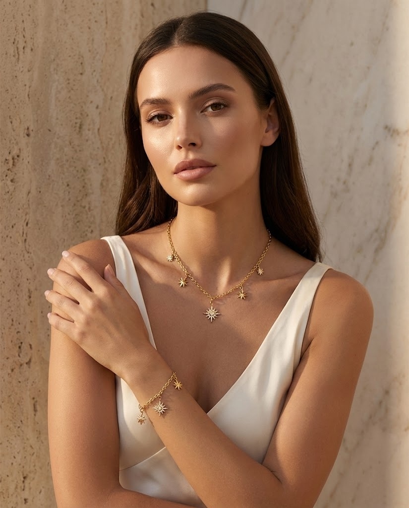 Grossiste Bellissima - Bracelet chaîne étoiles doré avec strass – Acier inoxydable ajustable