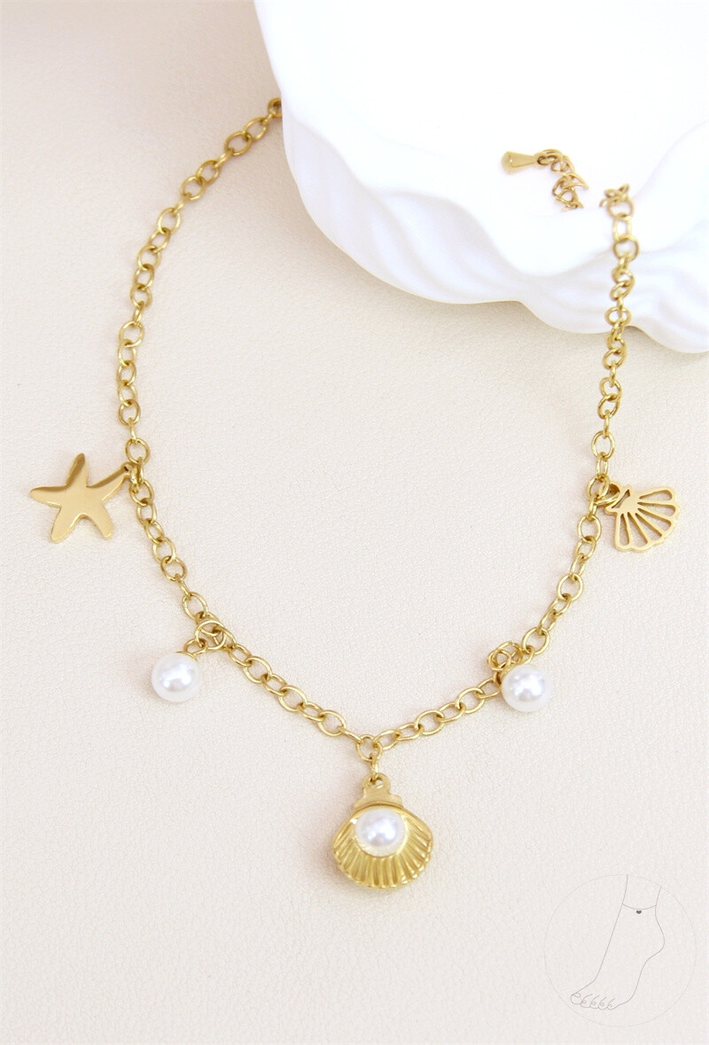 Grossiste Bellissima - : Chaîne de Cheville Coquillage & Perles en Acier Inoxydable – Tendance Marine
