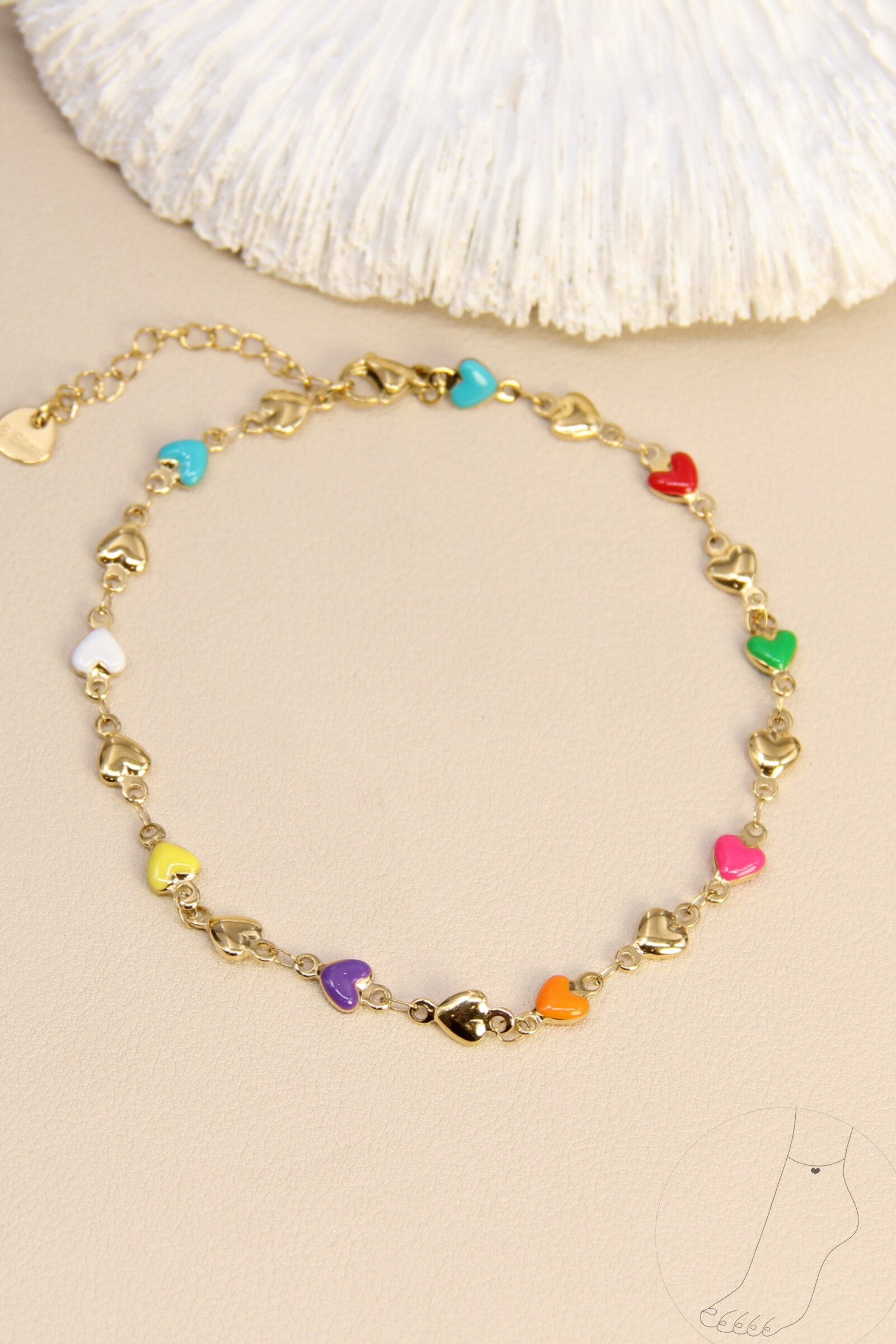 Mayorista Bellissima - Cadena de tobillo de corazones multicolores - Acero inoxidable de moda verano