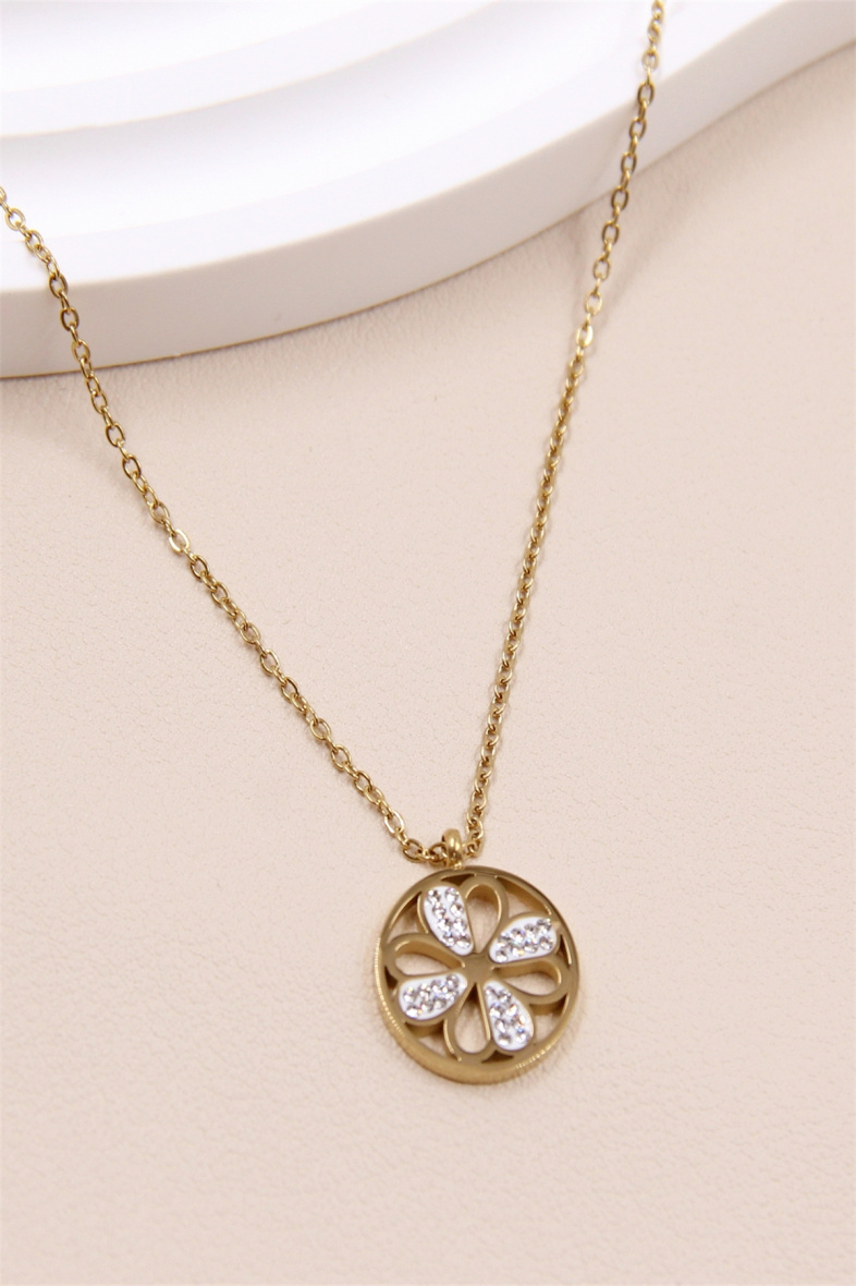 Grossiste Bellissima - Collier fleur orné de strass en acier inoxydable