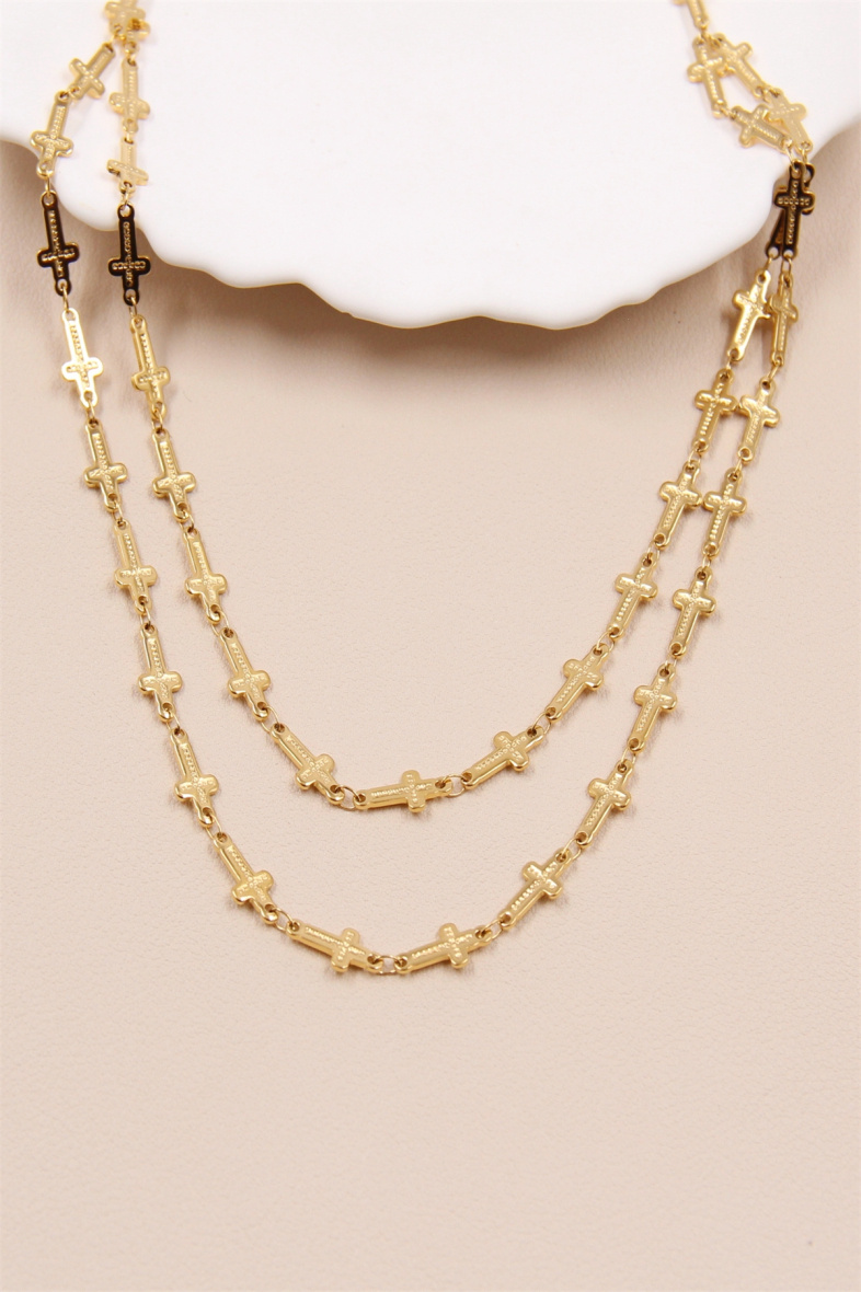 Grossiste Bellissima - Collier croix 2 rangs en acier inoxydable.
