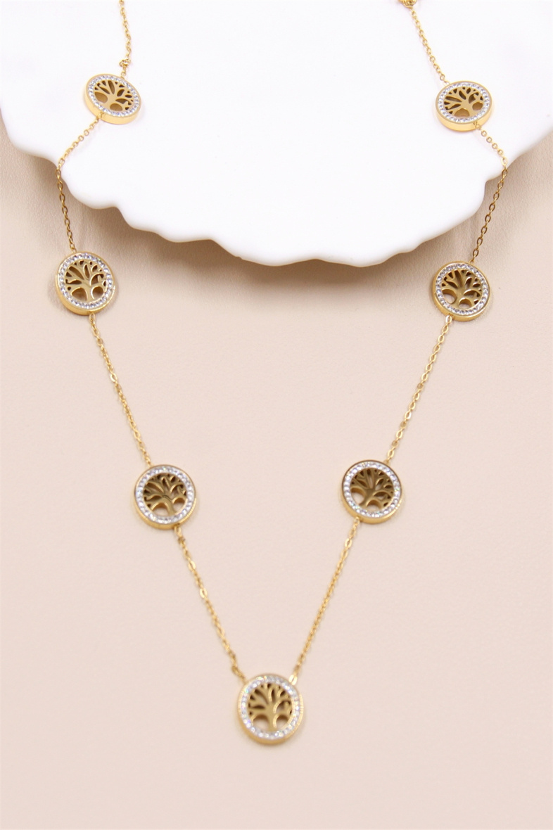 Grossiste Bellissima - Collier arbre de vie orné de strass en acier inoxydable.