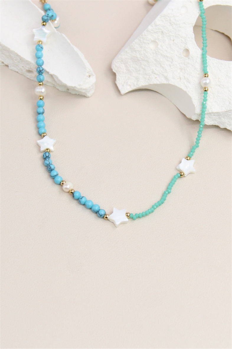 Grossiste Bellissima - Collier perle en pierre asymétrique orné de étoile nacré en acier inoxydable