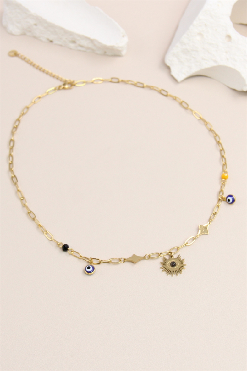 Grossiste Bellissima - Collier maille pendentif soleil orné de pierre en acier inoxydable