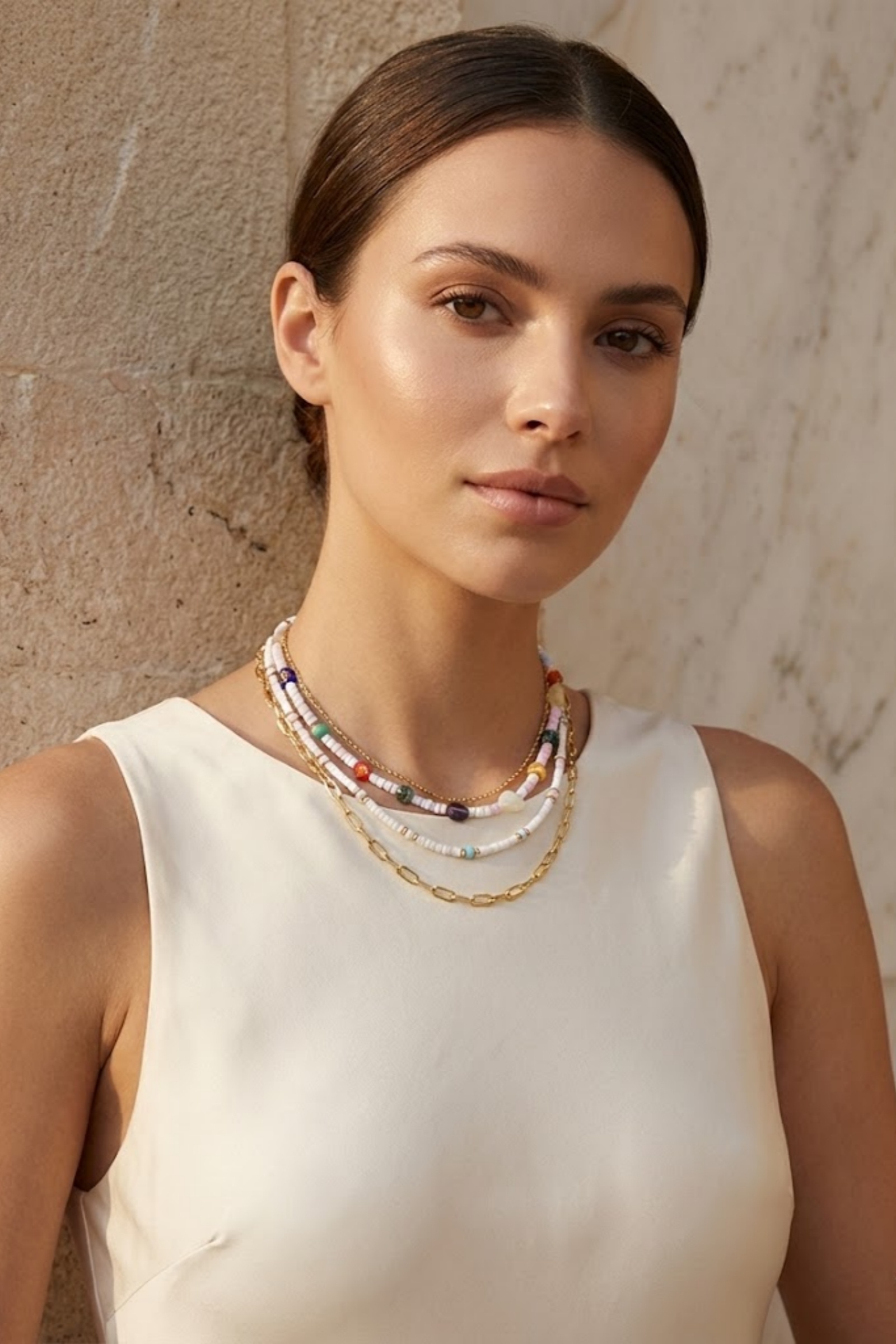 Grossiste Bellissima - Collier multi-rangs combiné de perle et de chaîne en acier inoxydable