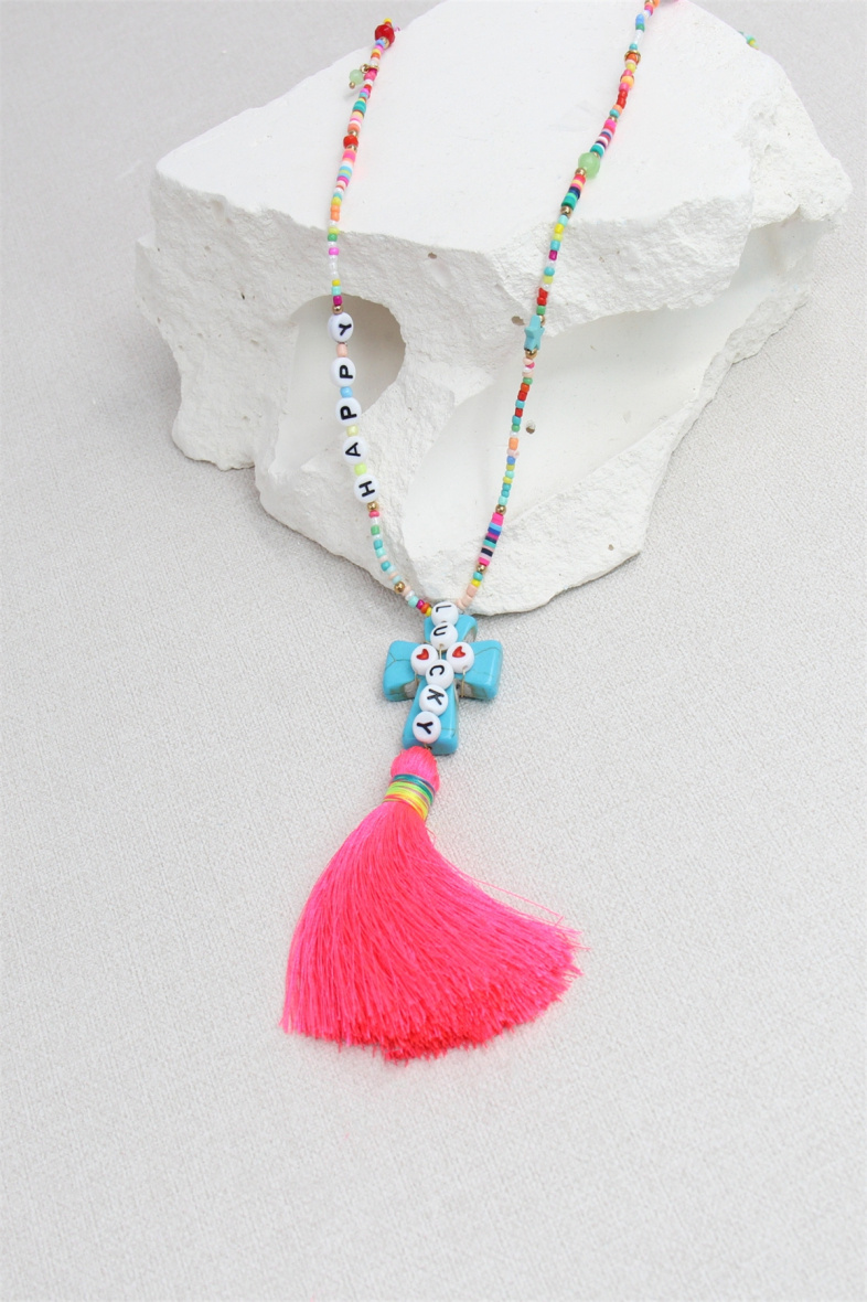 Grossiste Bellissima - Sautoir croix pom-pom en perle de rocaille