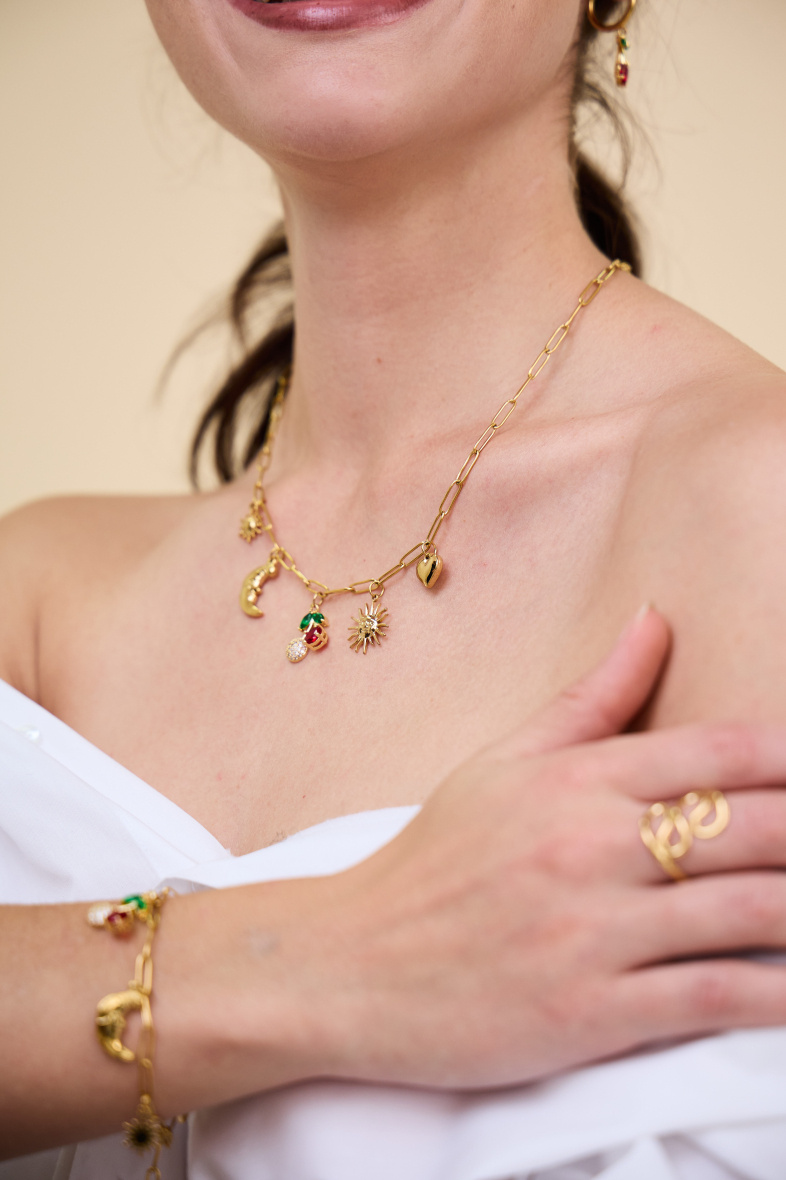 Collana Ciondolo Ciliegia, luna, sole, cuore e scintilla in acciaio inossidabile - Immagine principale