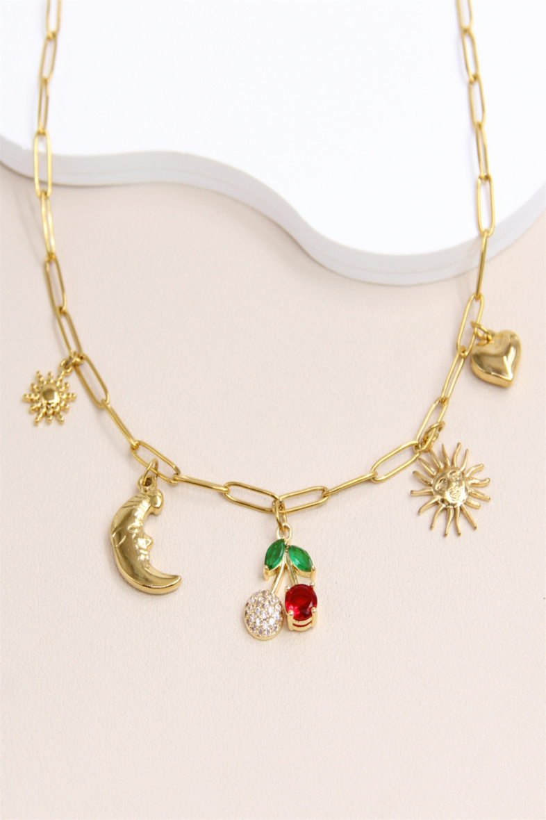 Collana Ciondolo Ciliegia, luna, sole, cuore e scintilla in acciaio inossidabile - Dorato - 2 - formato grande