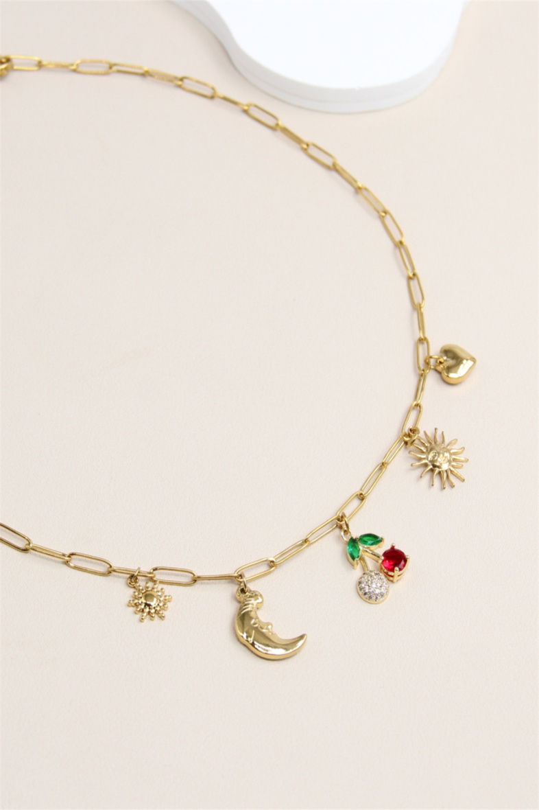 Collana Ciondolo Ciliegia, luna, sole, cuore e scintilla in acciaio inossidabile - Dorato - 3 - formato grande