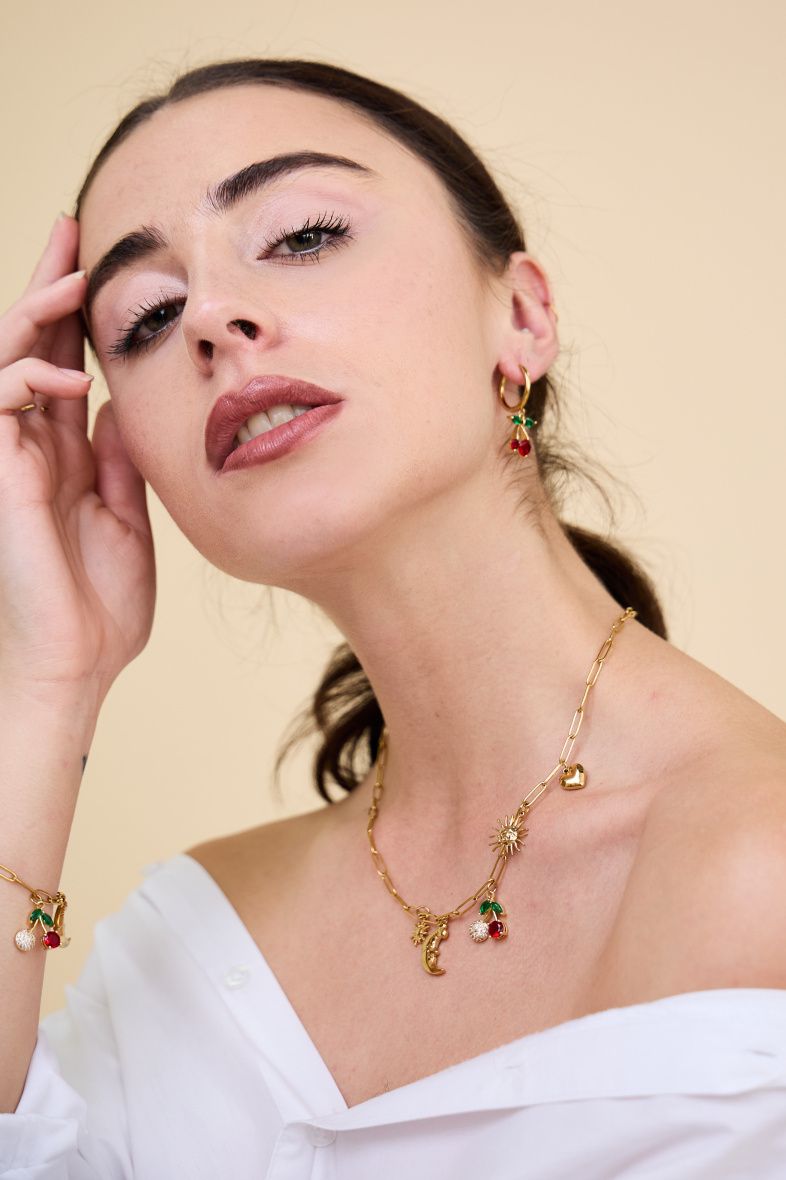 Collana Ciondolo Ciliegia, luna, sole, cuore e scintilla in acciaio inossidabile - Dorato 4 - miniatura