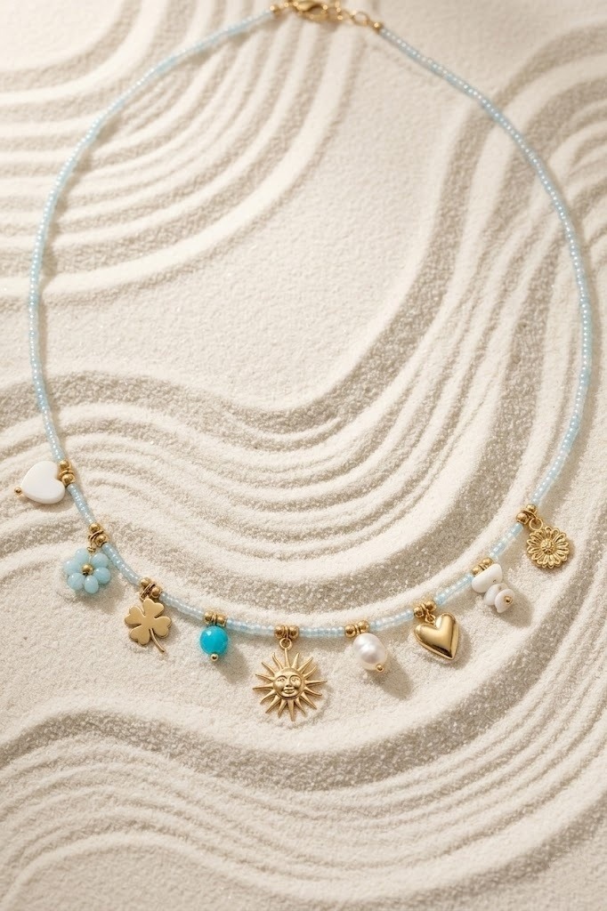Grossiste Bellissima - Collier Perles Charms Soleil – Acier Inoxydable Doré