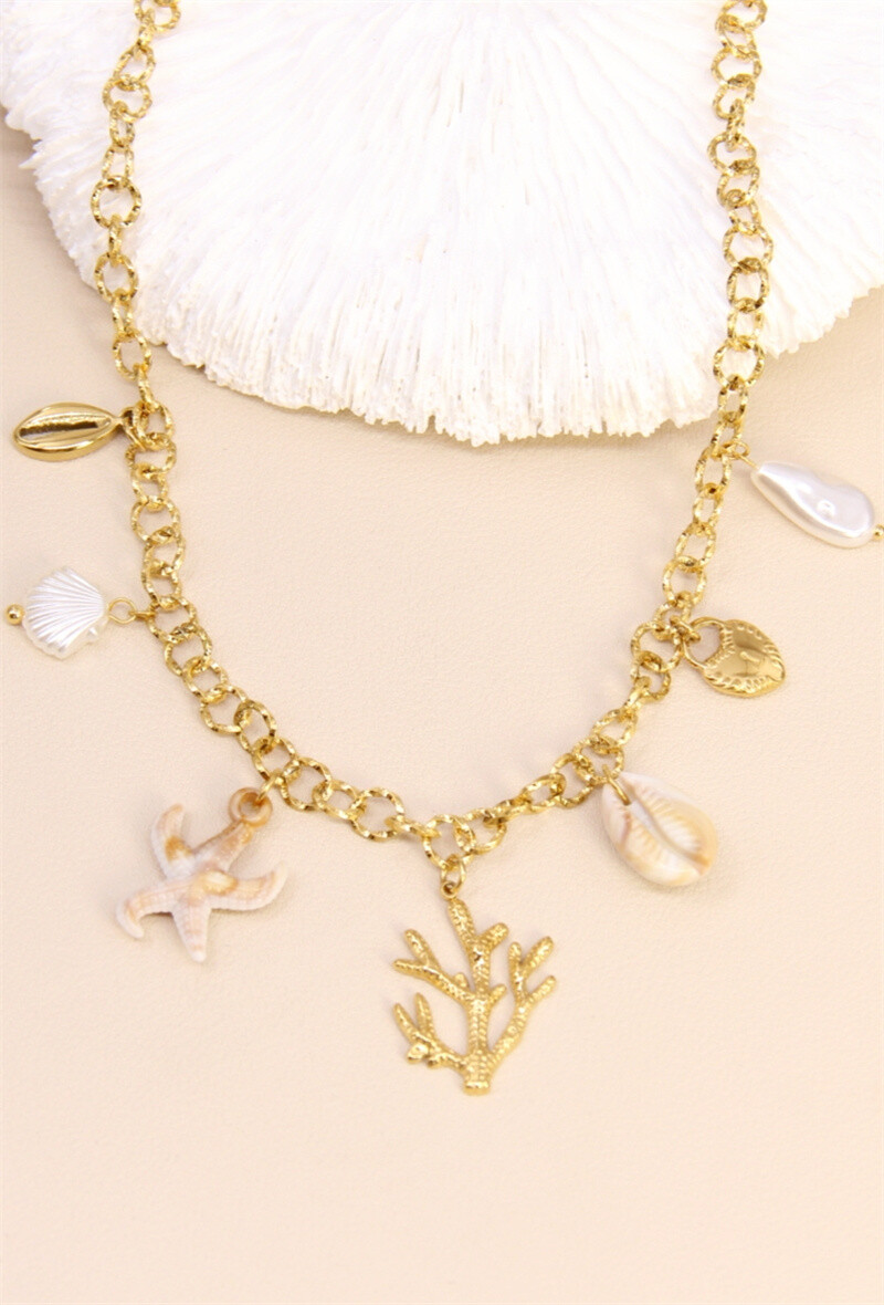 Wholesaler Bellissima - "Corail gold" necklace - Marine charms & natural shells