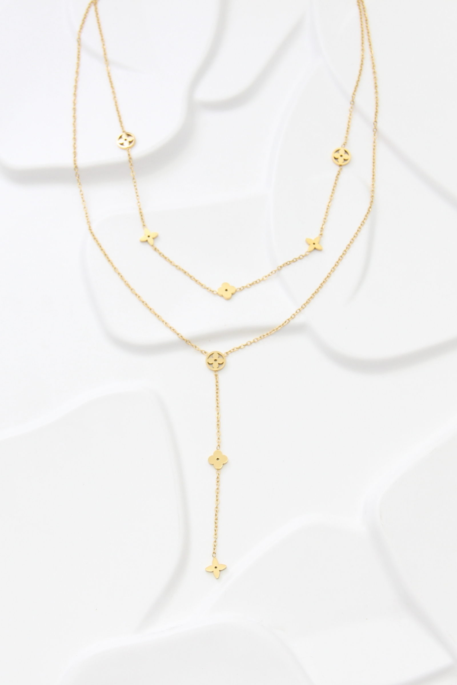 Collier Long Réglable Pendentif Trèfle Doré Acier Inoxydable - Neuf Sans Boîte !