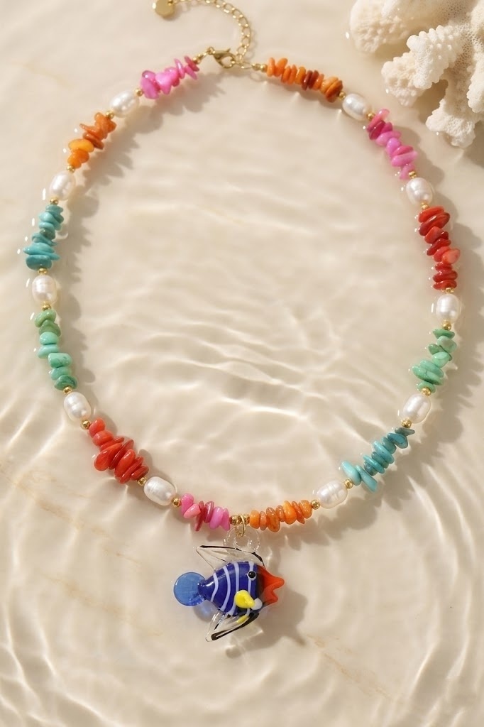 Grossiste Bellissima - Collier Perles Multicolore Poisson – Acier Inoxydable Doré