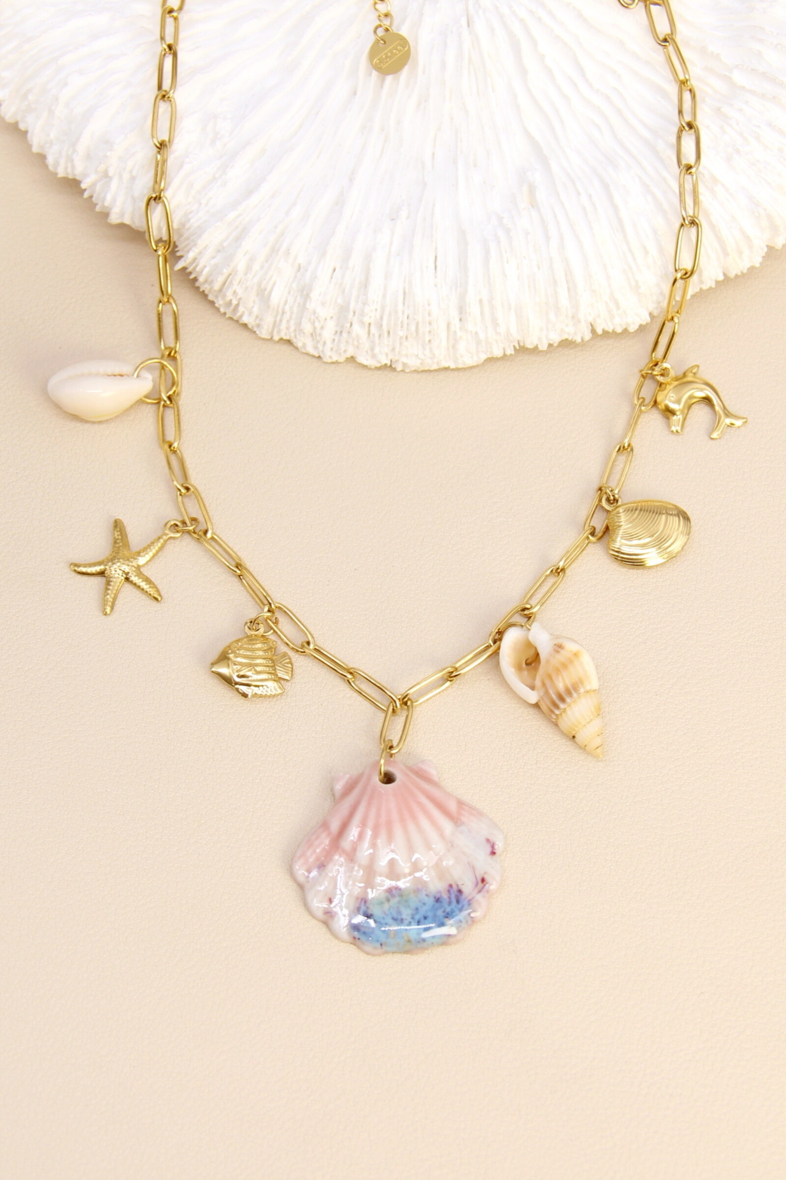 Wholesaler Bellissima - Pink seashell necklace & marine charms - stainless steel