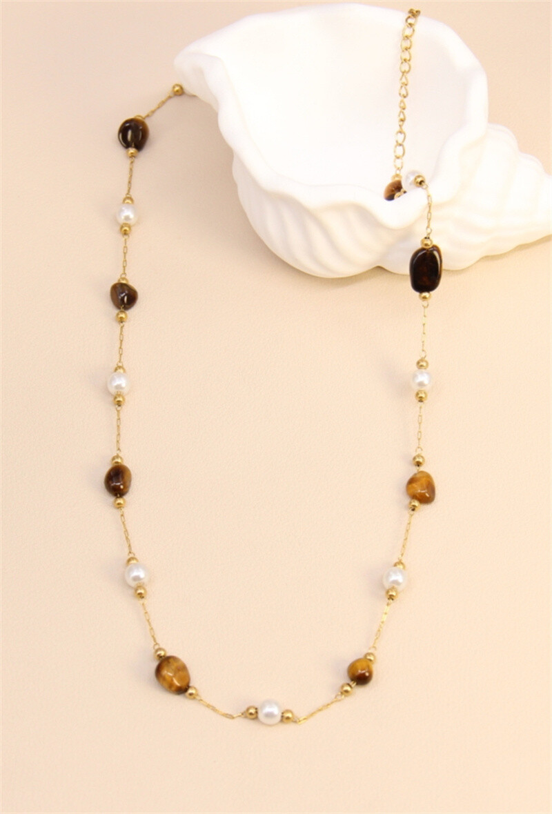 Grossiste Bellissima - Collier Sahara Élégance en acier inoxydable et perles œil de tigre