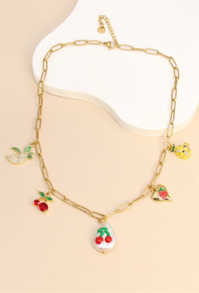 Grossiste Bellissima - Collier Maillon & Breloques Fruitées – Fantaisie Éclatante en Acier