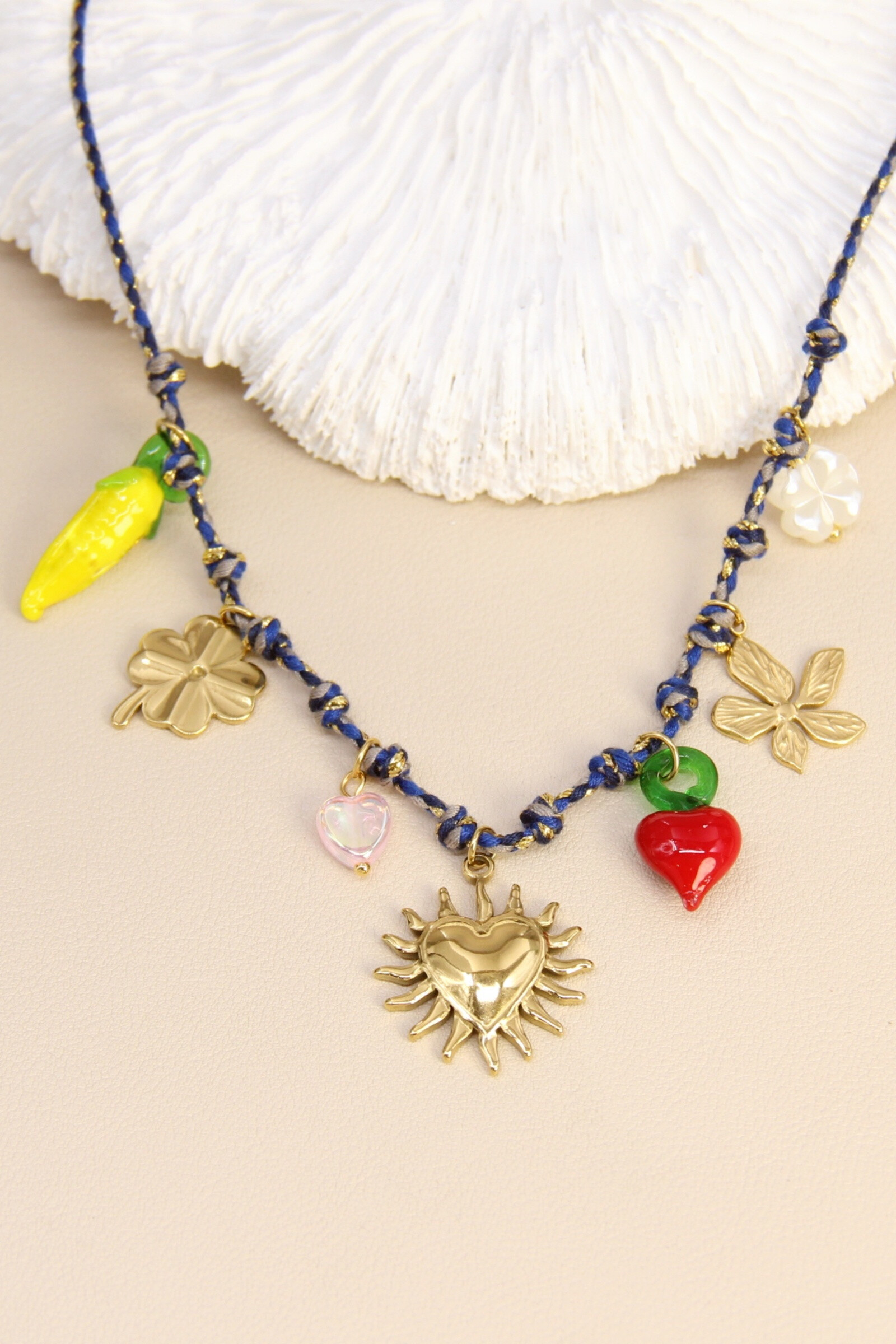 Grossiste Bellissima - Collier charms acier inoxydable – cœur soleil & fruits émaillés