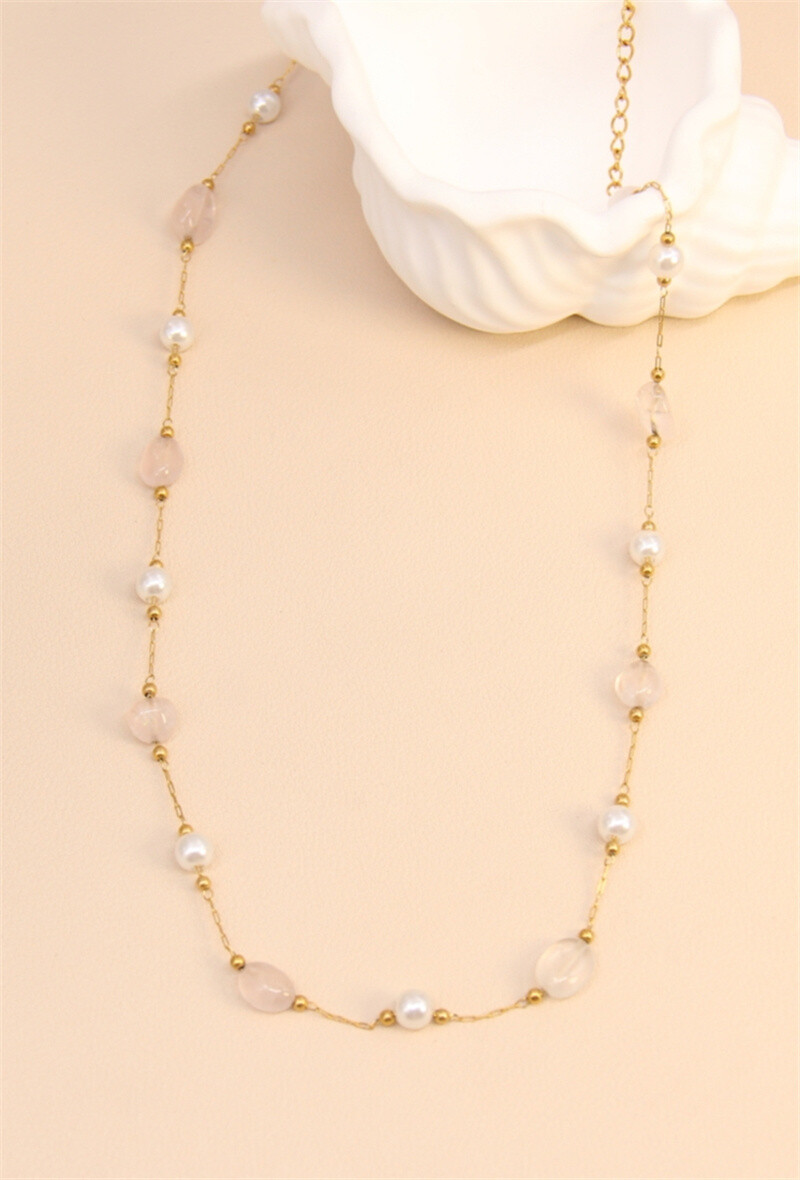 Mayorista Bellissima - Collar de acero inoxidable con cuarzo rosa y perlas de nácar