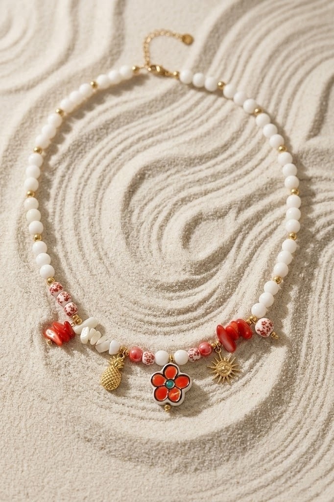 Grossiste Bellissima - Collier Perles Charms Fleur – Acier Inoxydable Doré