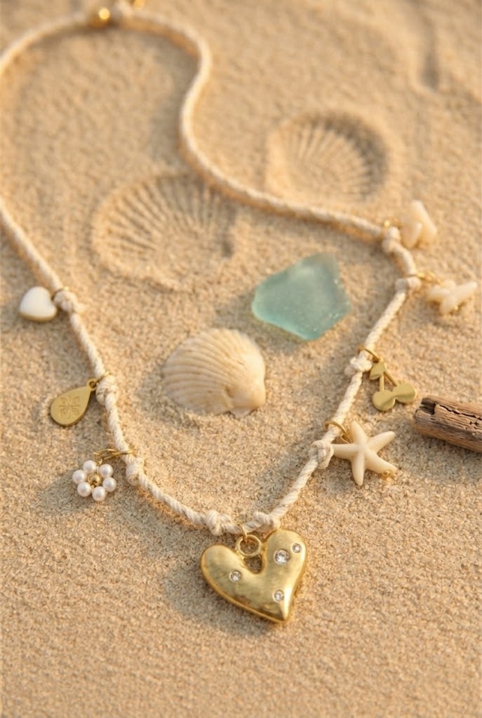 Grossiste Bellissima - Collier Corde et Pampilles Fantaisie – Cœur Doré & Charms Marins