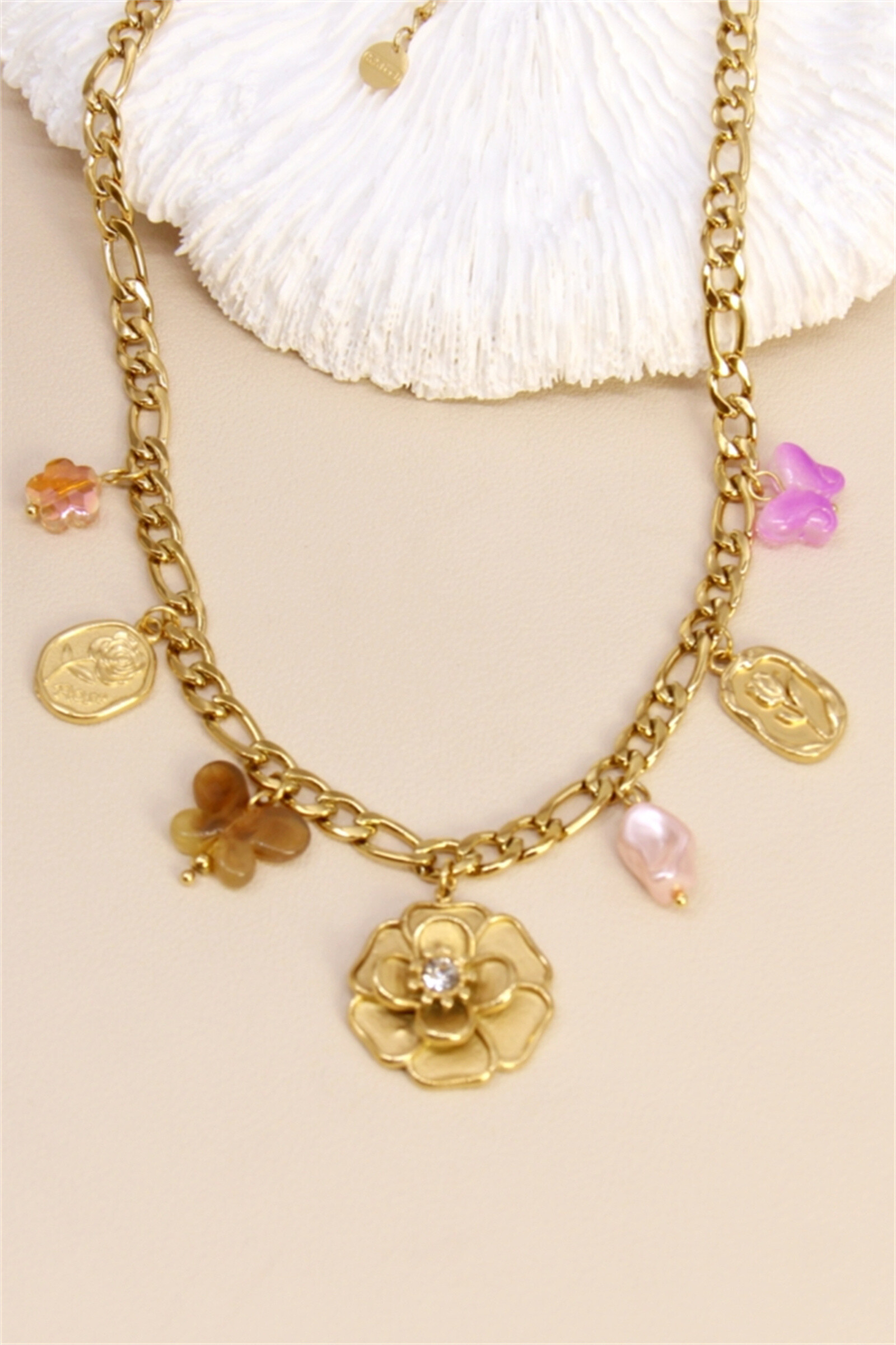 Großhändler Bellissima - Charm Halskette Blume Kristall & Medaillen - Edelstahl