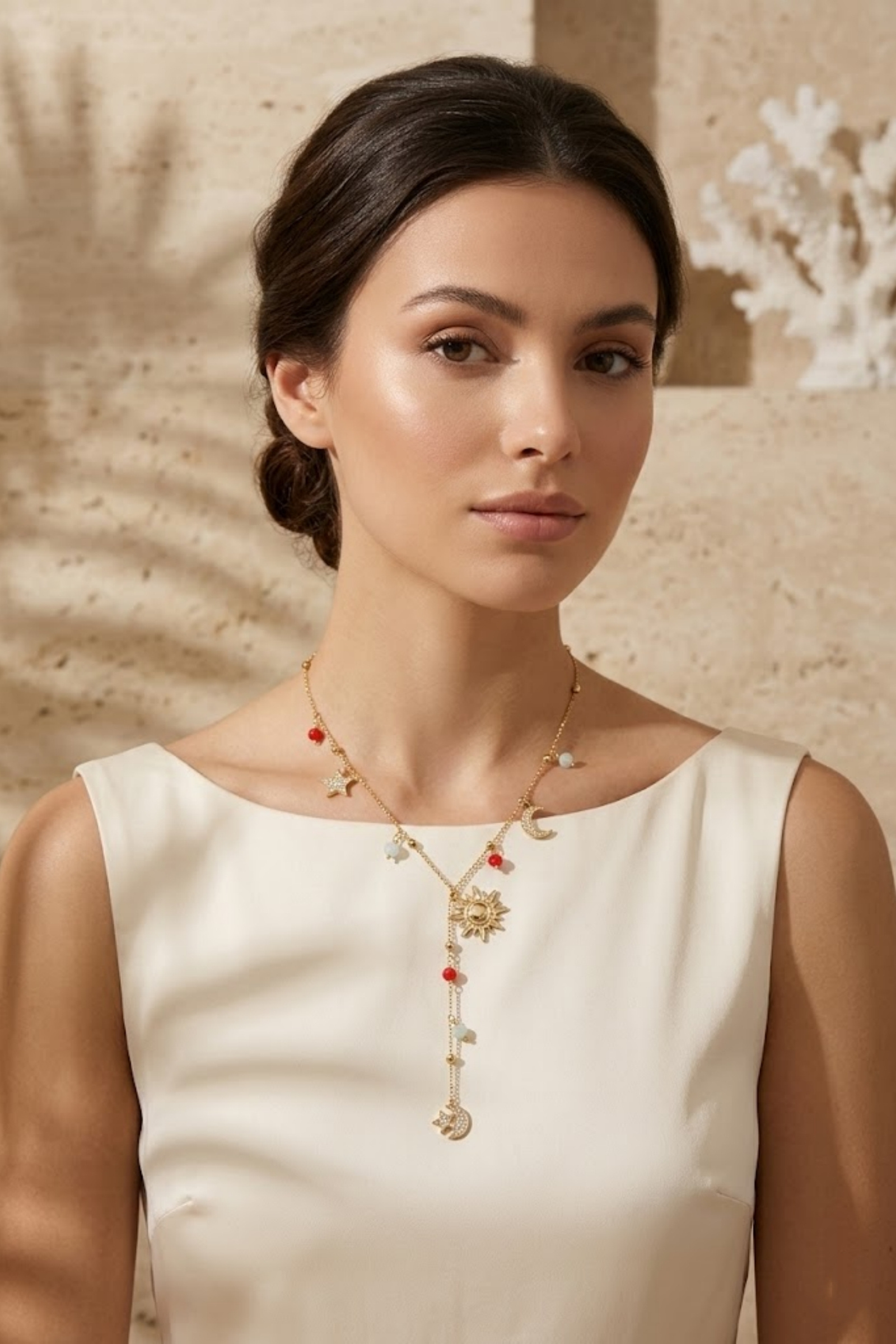 Grossiste Bellissima - Collier Y Charms Soleil – Acier Inoxydable Doré