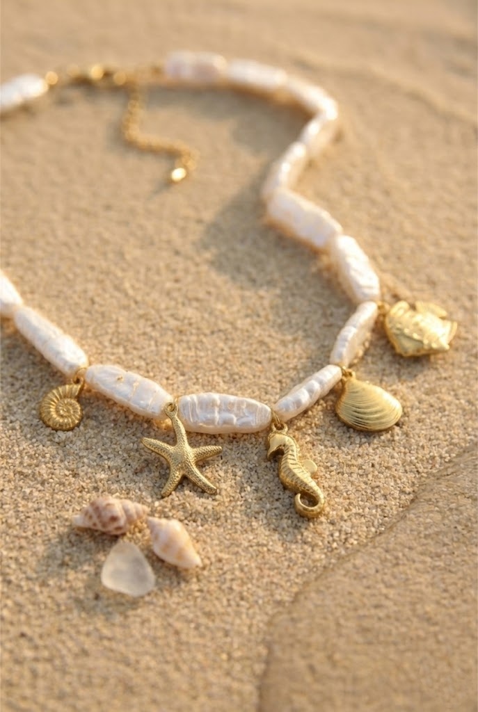 Grossiste Bellissima - Collier Perles Blanches & Charms Dorés – Esprit Bord de Mer