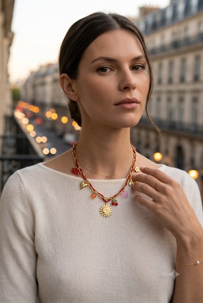 Grossiste Bellissima - Collier charms rouge et doré en acier inoxydable – Soleil, cœur, cerises et