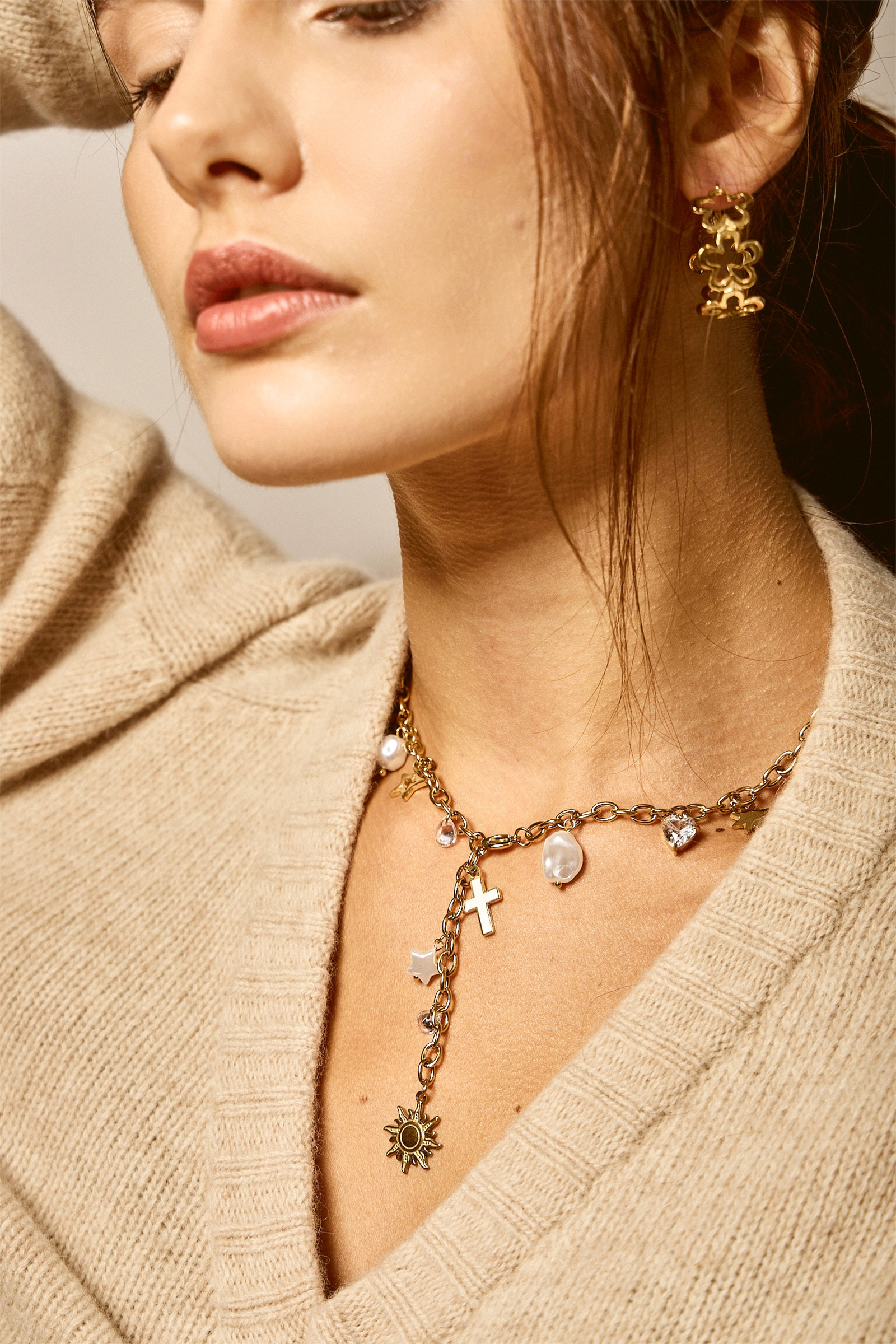 Collier En Acier Inoxydable Doré Avec Perles Blanches & Dorées - Neuf Avec étiquettes