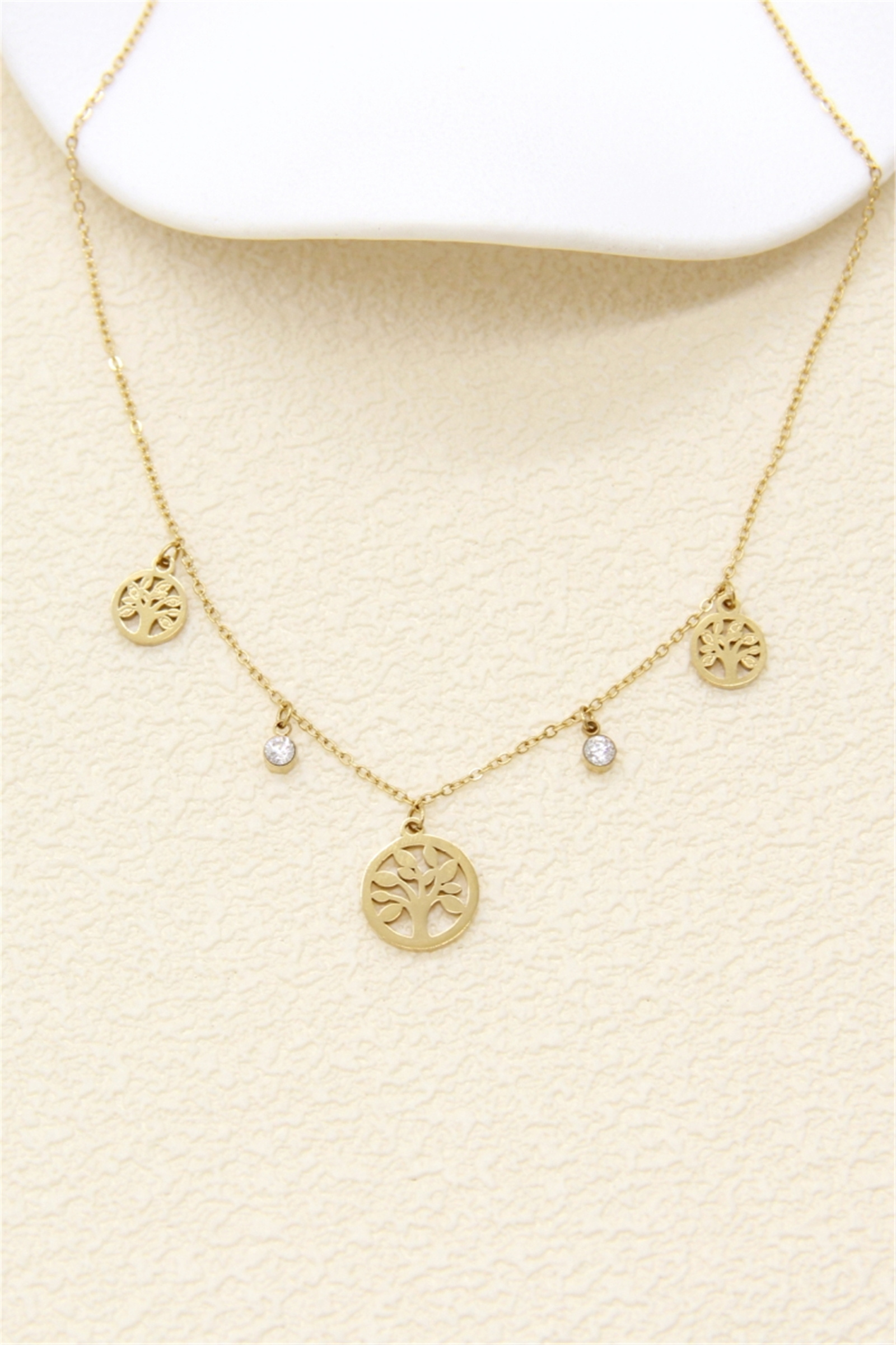 Grossiste Bellissima - Collier Arbre de Vie Femme en Acier Inoxydable Doré avec Strass