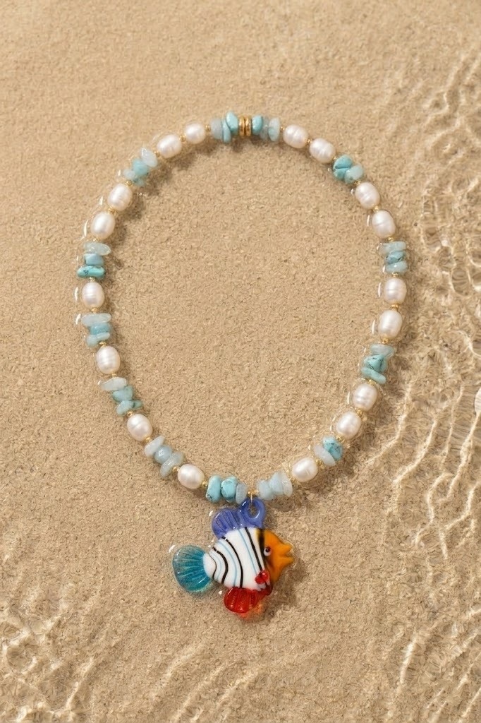 Grossiste Bellissima - Collier Perles Bleu Poisson – Acier Inoxydable Doré