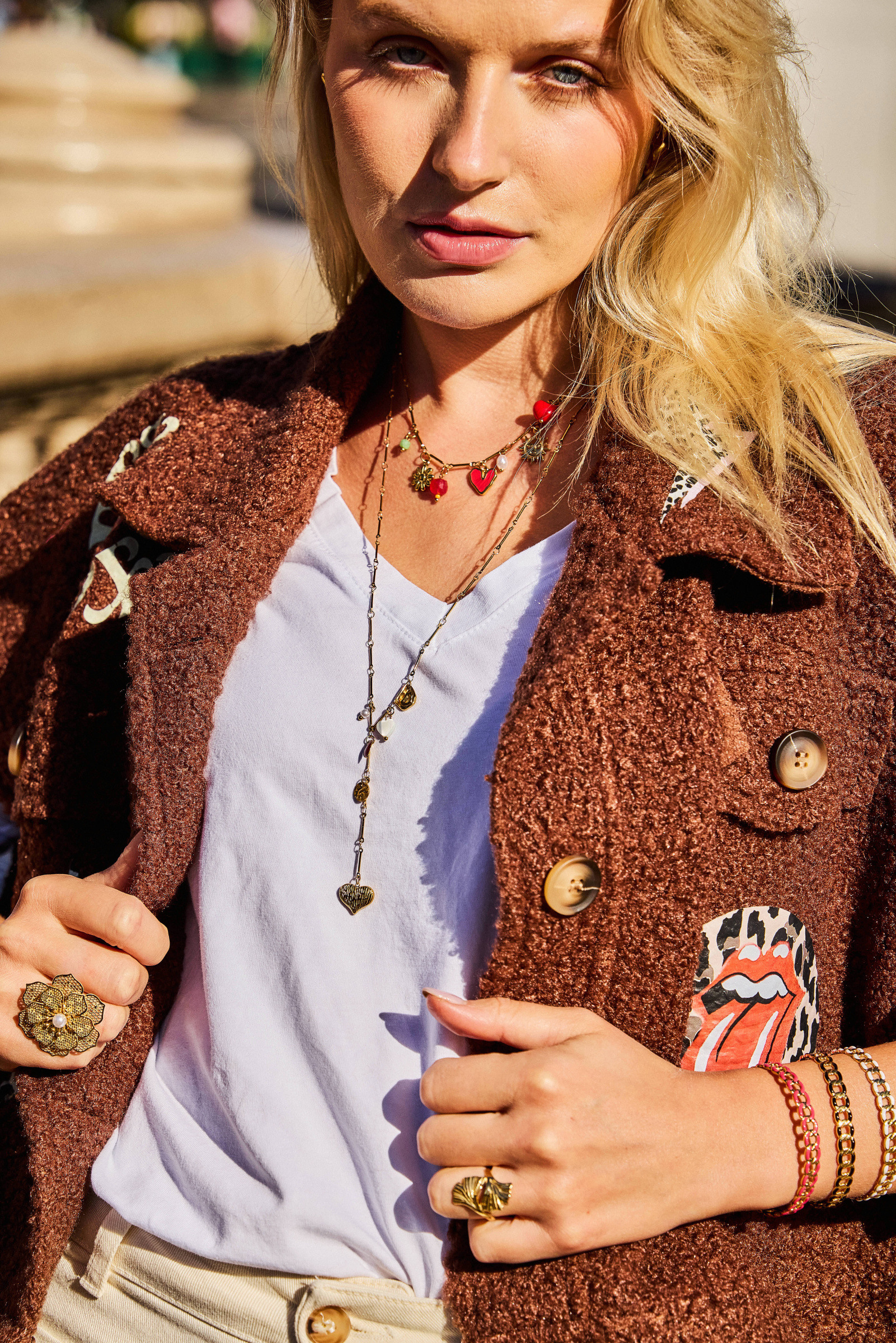 Grossiste Bellissima - Collier acier inoxydable doré charms cœur soleil fleur perle