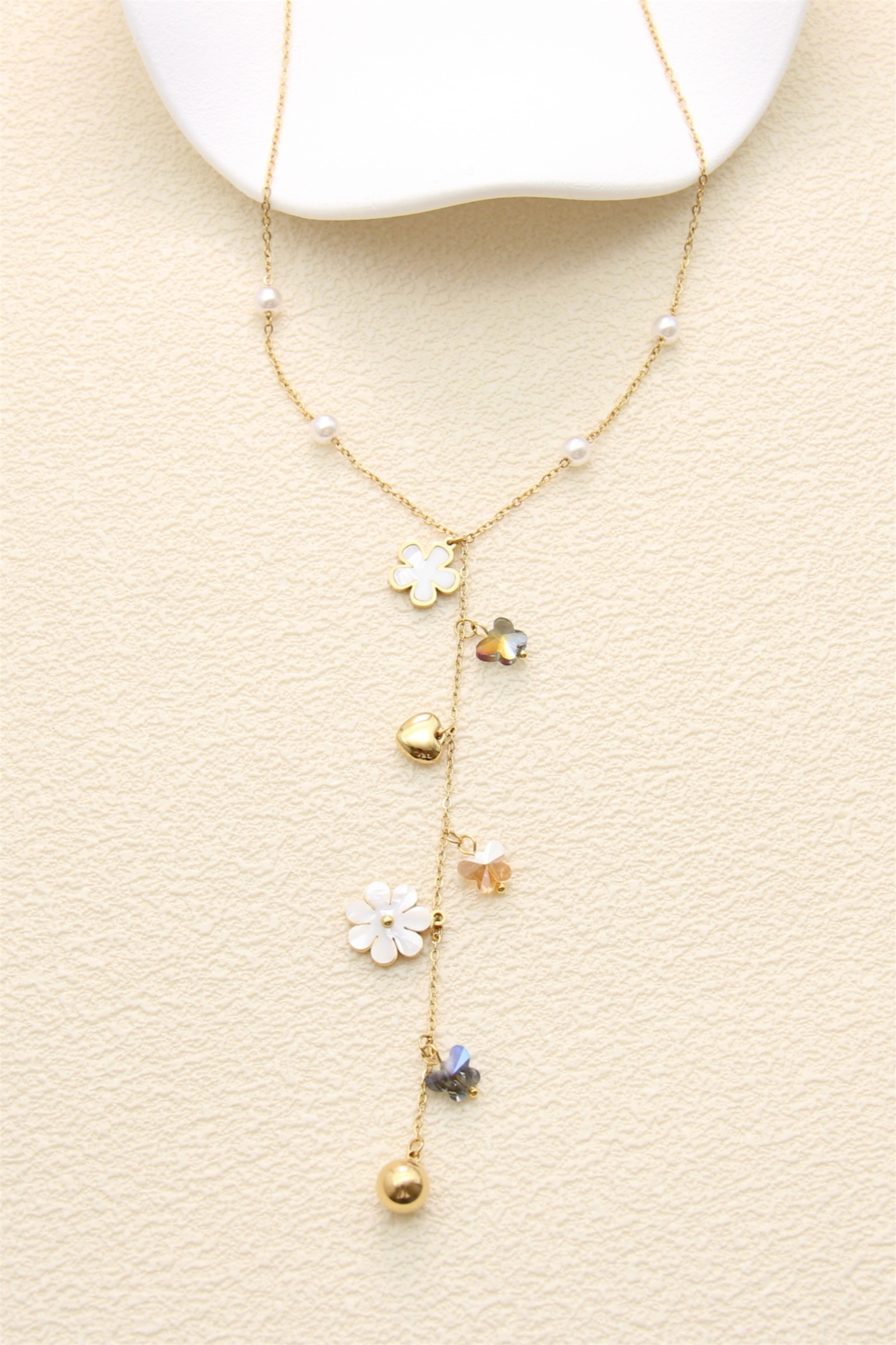 Grossiste Bellissima - Collier Long Fleurs et Perles – Acier Inoxydable Doré