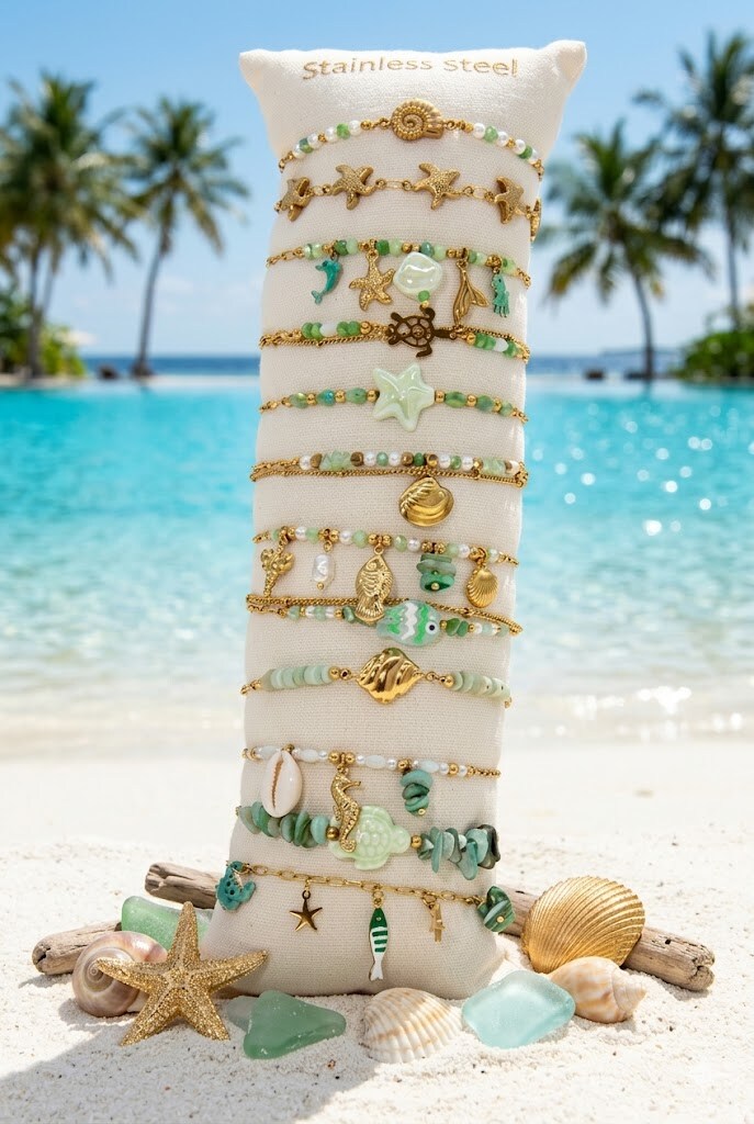 Grossiste Bellissima - Lot de 12 Bracelets Marins Verts Assortis en Acier Inoxydable – Présentoir Offert