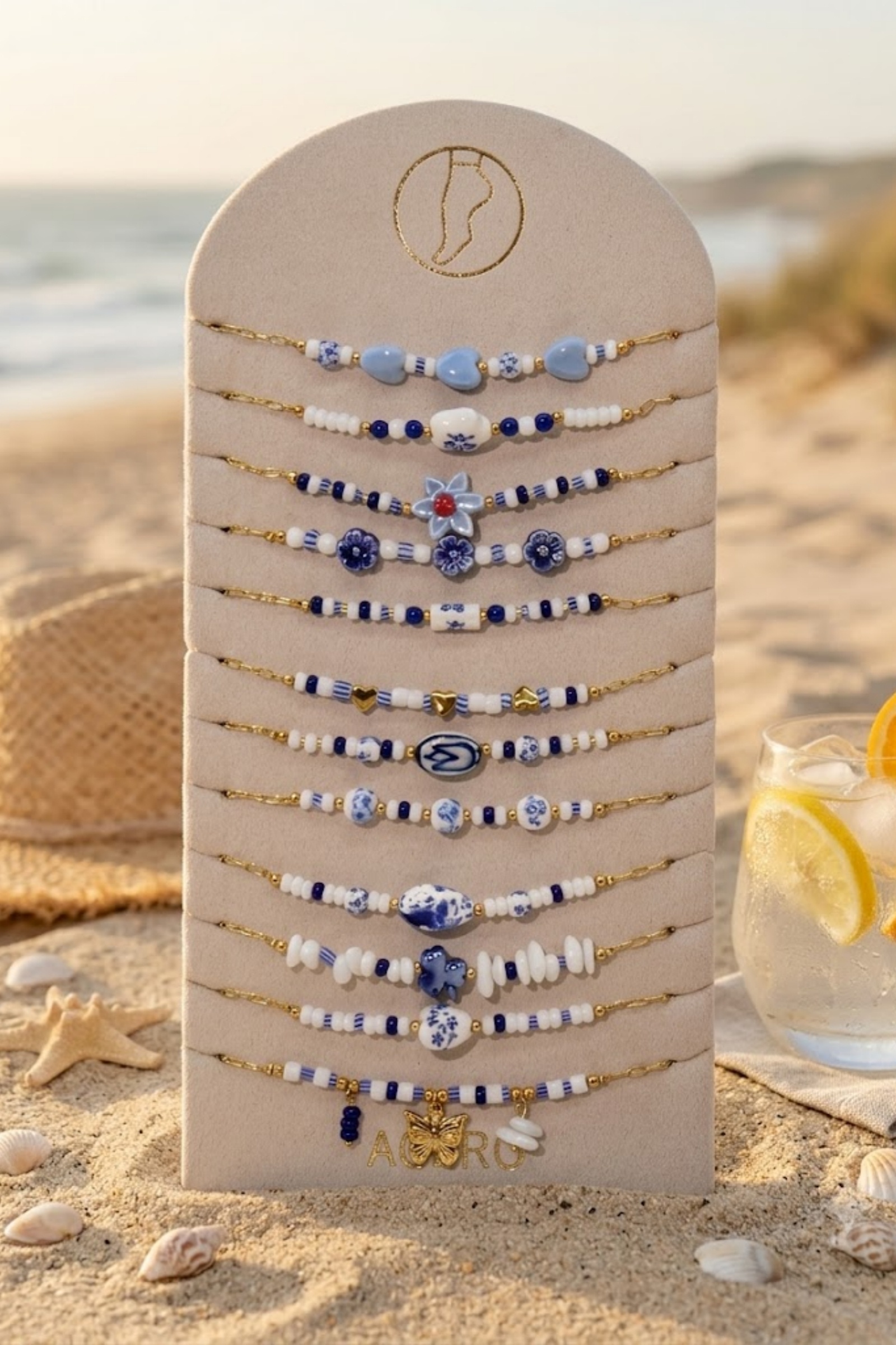 Großhändler Bellissima - Set aus 12 Blau-Weißen Marine-Fußkettchen aus Edelstahl – Präsentationsständer Inklusive