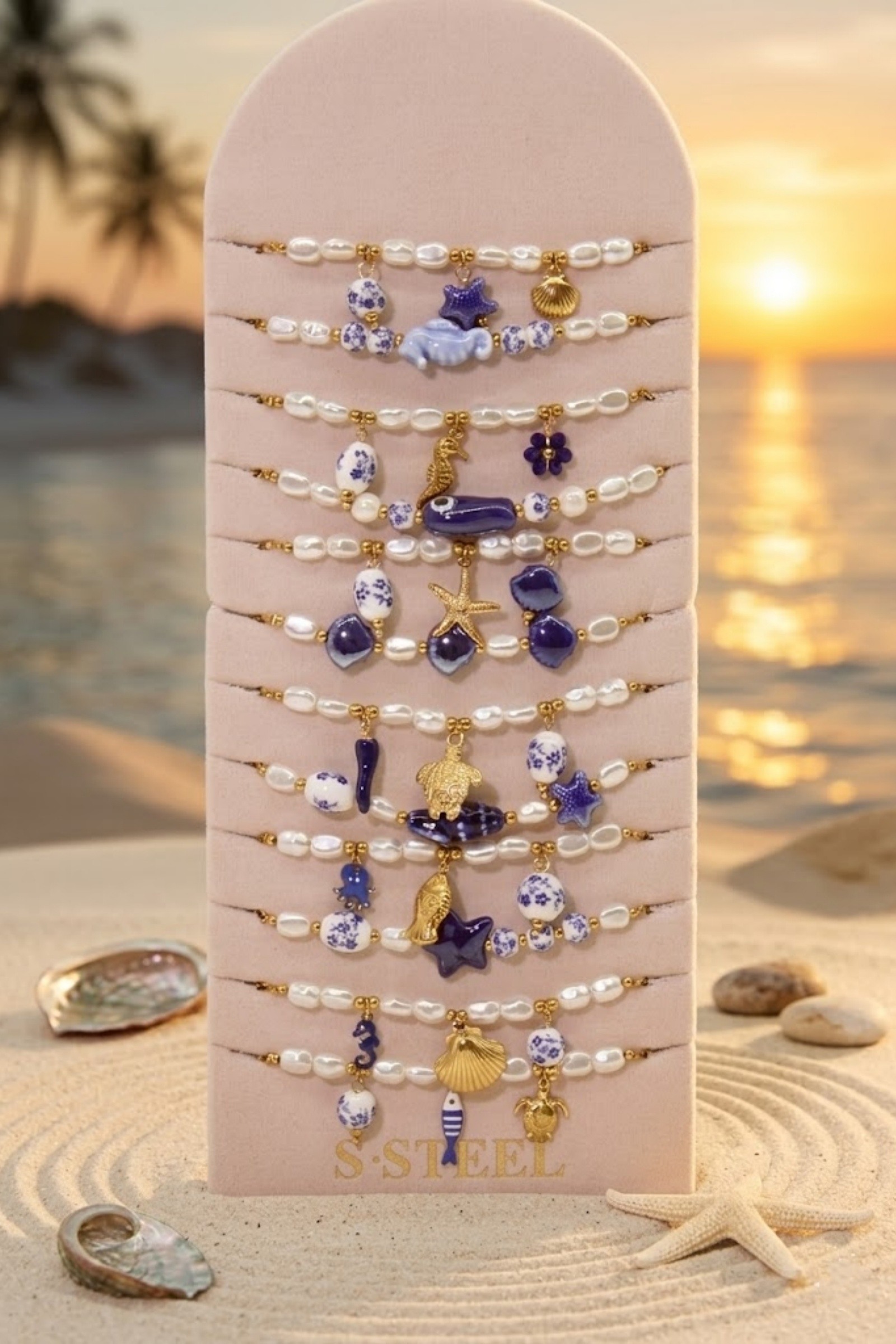 Mayorista Bellissima - Lote de 12 Pulseras Temática Marina Pez de Cerámica en Acero Inoxidable – Modelos Surtidos + Expositor Gratis