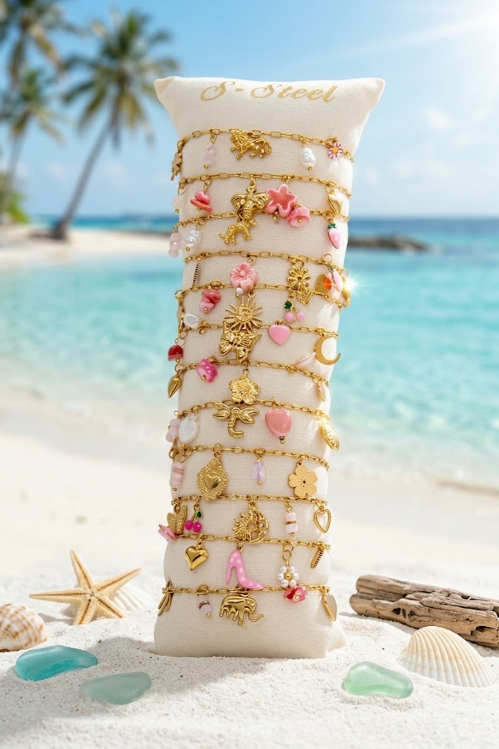 Grossiste Bellissima - Lot de 12 Bracelets Fantaisie Charms Rose & Doré en Acier Inoxydable – Présentoir Offert