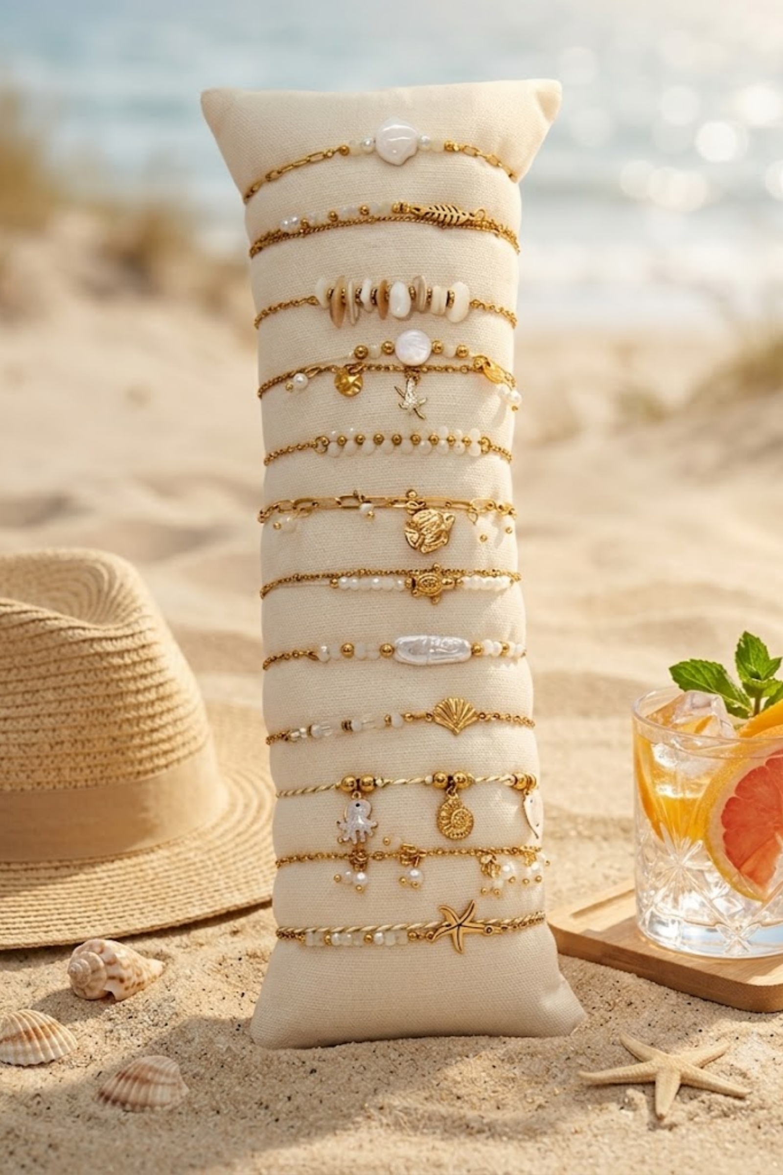 Großhändler Bellissima - Set aus 12 Off-White Armbändern im Marine-Thema aus Edelstahl – Präsentationsständer Inklusive