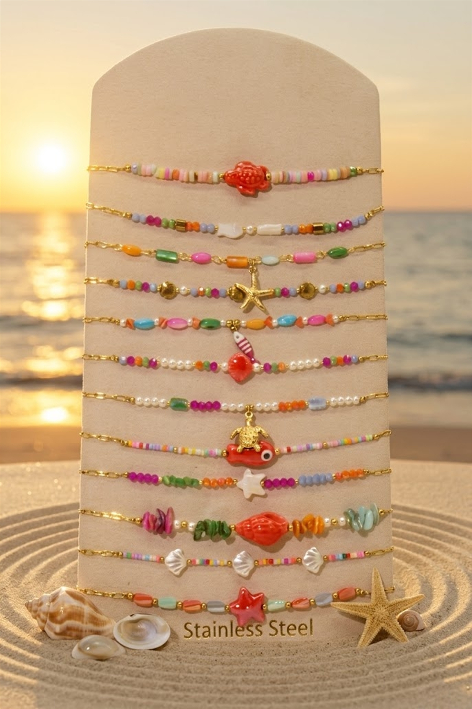 Mayorista Bellissima - Lote de 12 Collares Temática Marina Multicolor Acero Inoxidable – Modelos Surtidos + Expositor Gratis