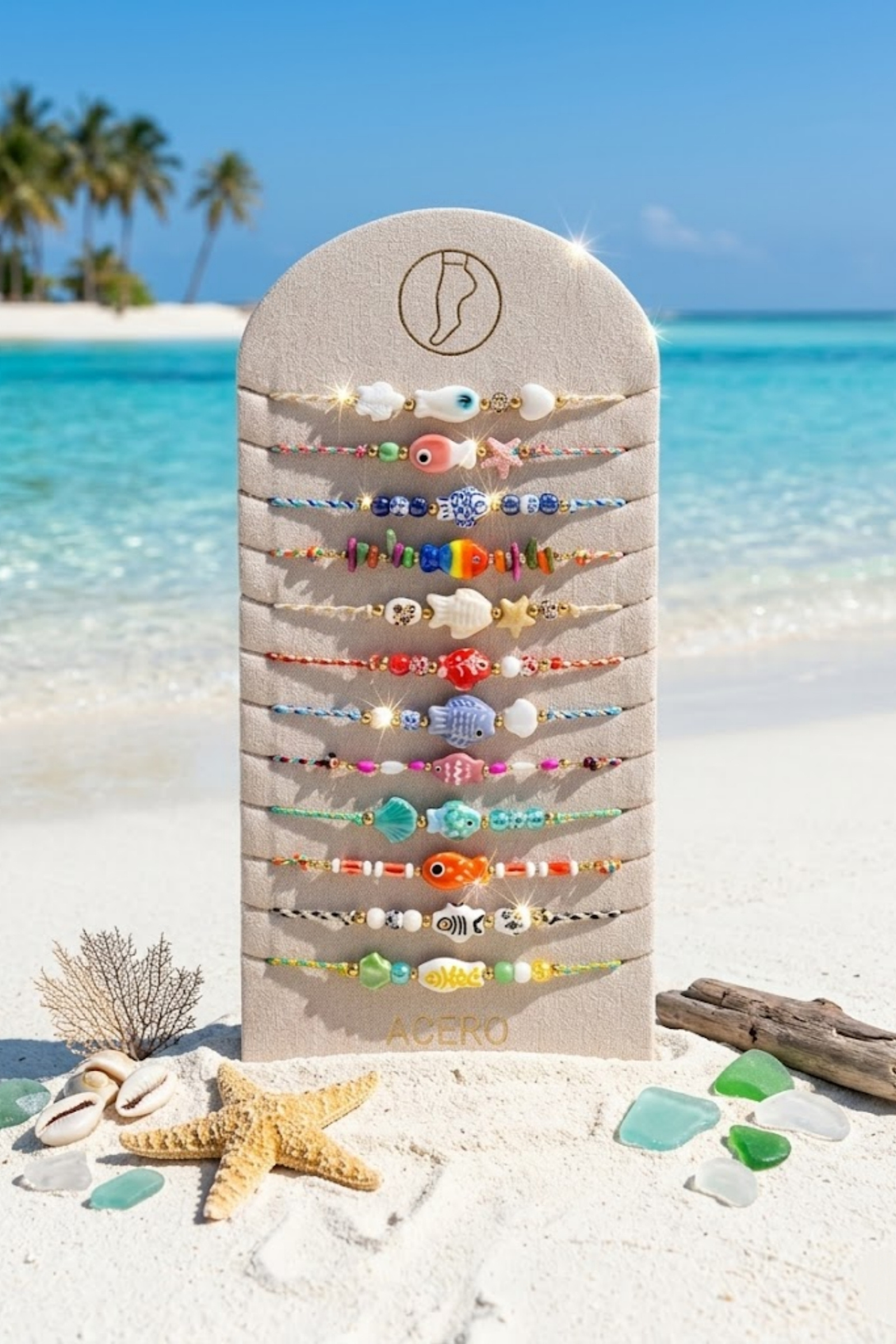 Mayorista Bellissima - Lote de 12 Cadenas de Tobillo Multicolor de Tema Marino – Joyas Bohemias de Verano & Expositor Gratis