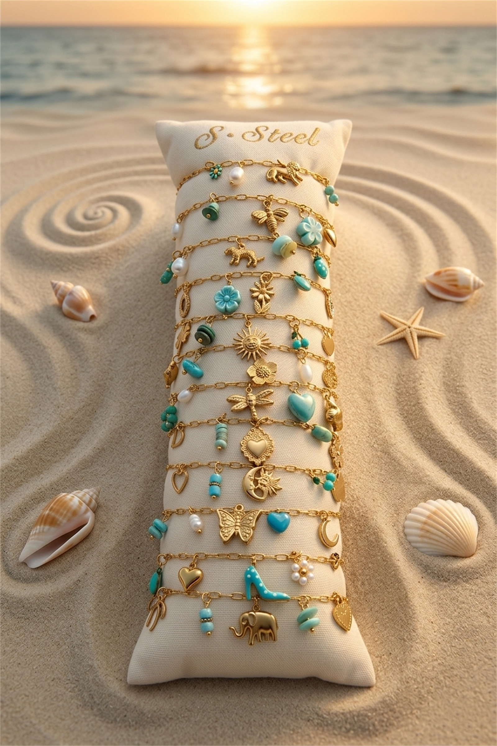 Mayorista Bellissima - Lote de 12 Pulseras Temática Marina Verde Agua en Acero Inoxidable – Modelos Surtidos + Expositor Gratis