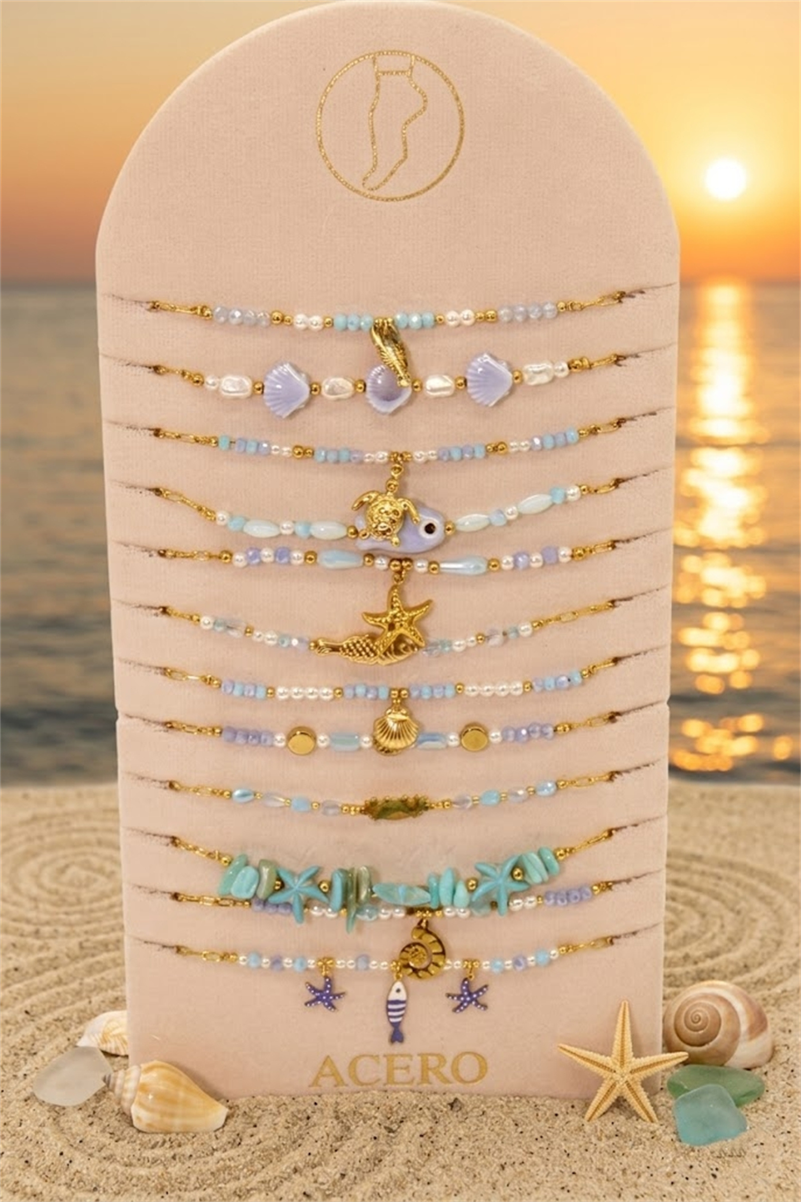 Mayorista Bellissima - Juego de 12 Cadenas de Tobillo Tema Marino Crudo Acero Inoxidable – Modelos Variados + Expositor Gratis