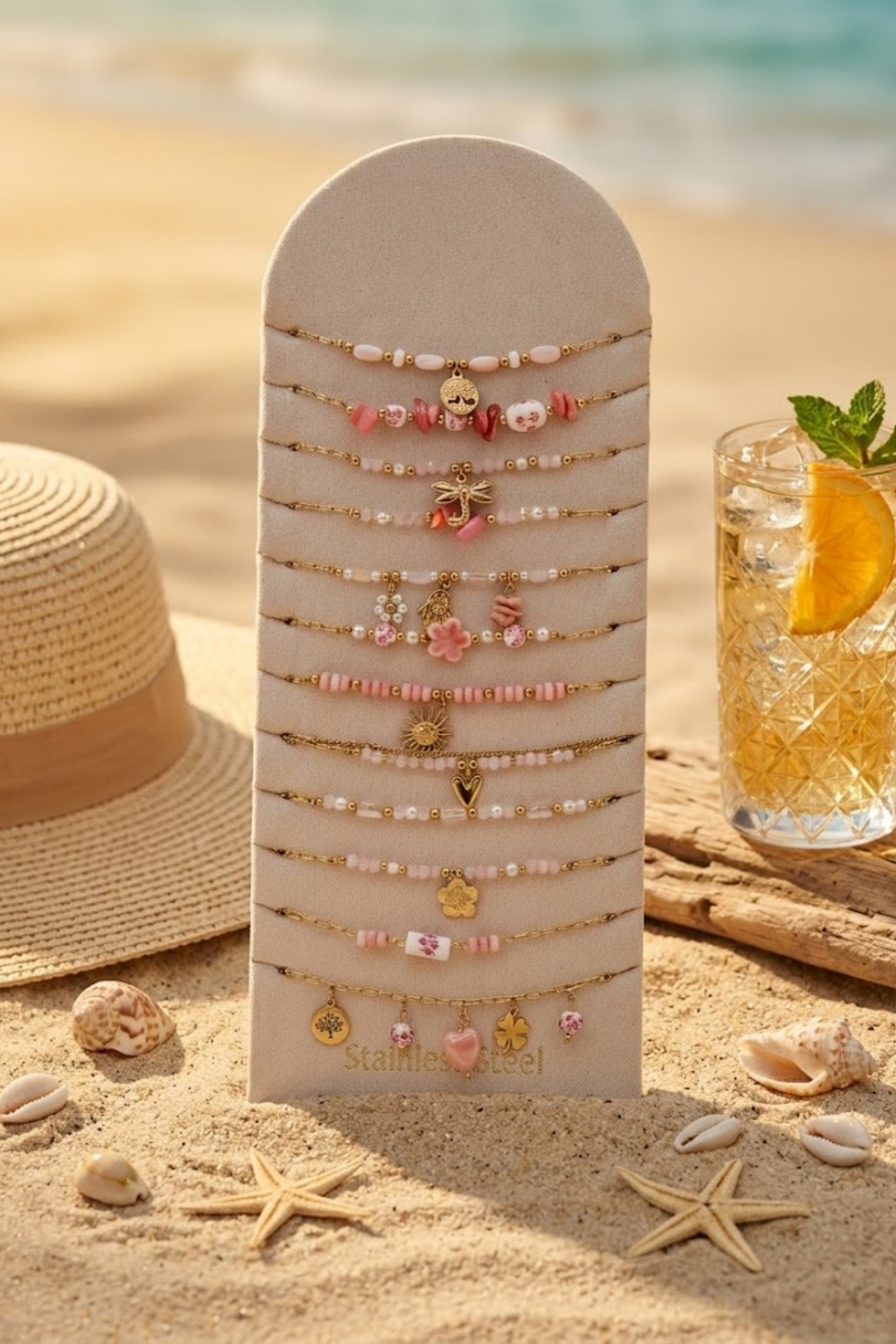 Grossiste Bellissima - Lot de 12 Bracelets Rose Bohème en Acier Inoxydable – Présentoir Offert