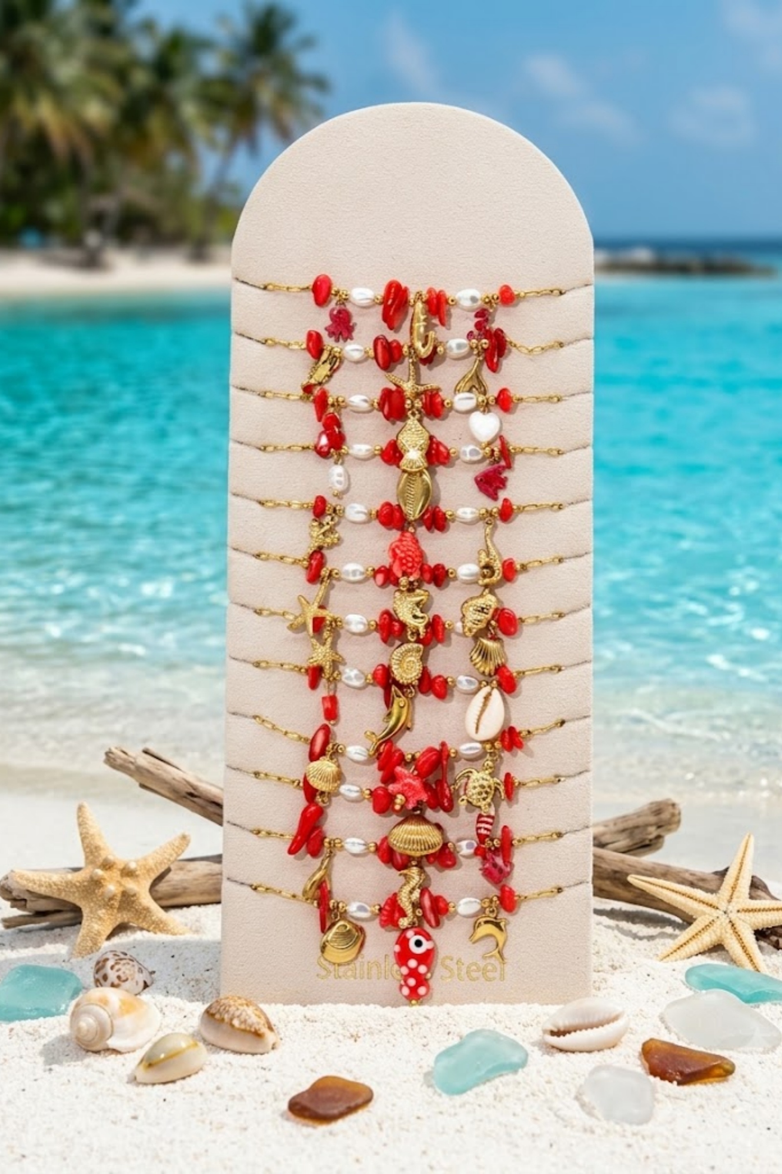 Mayorista Bellissima - Juego de 12 Cadenas de Tobillo Marinas Rojo Coral en Acero Inoxidable – Expositor Incluido  Haz que