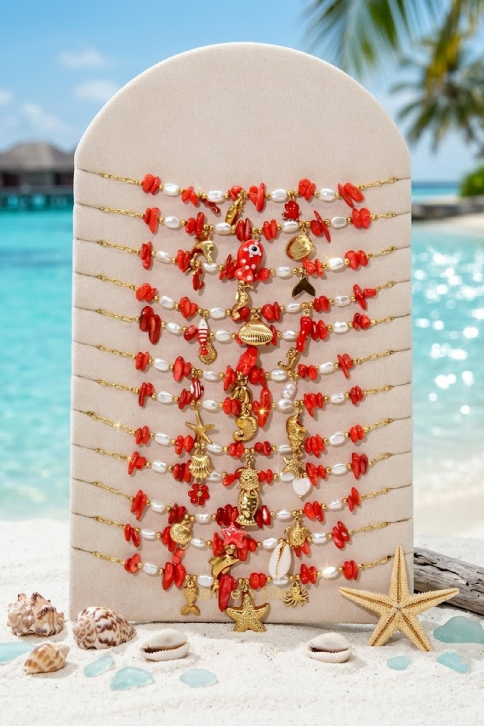 Grossiste Bellissima - Lot de 12 Colliers Thème Marin Rouge en Acier Inoxydable – Présentoir Offert
